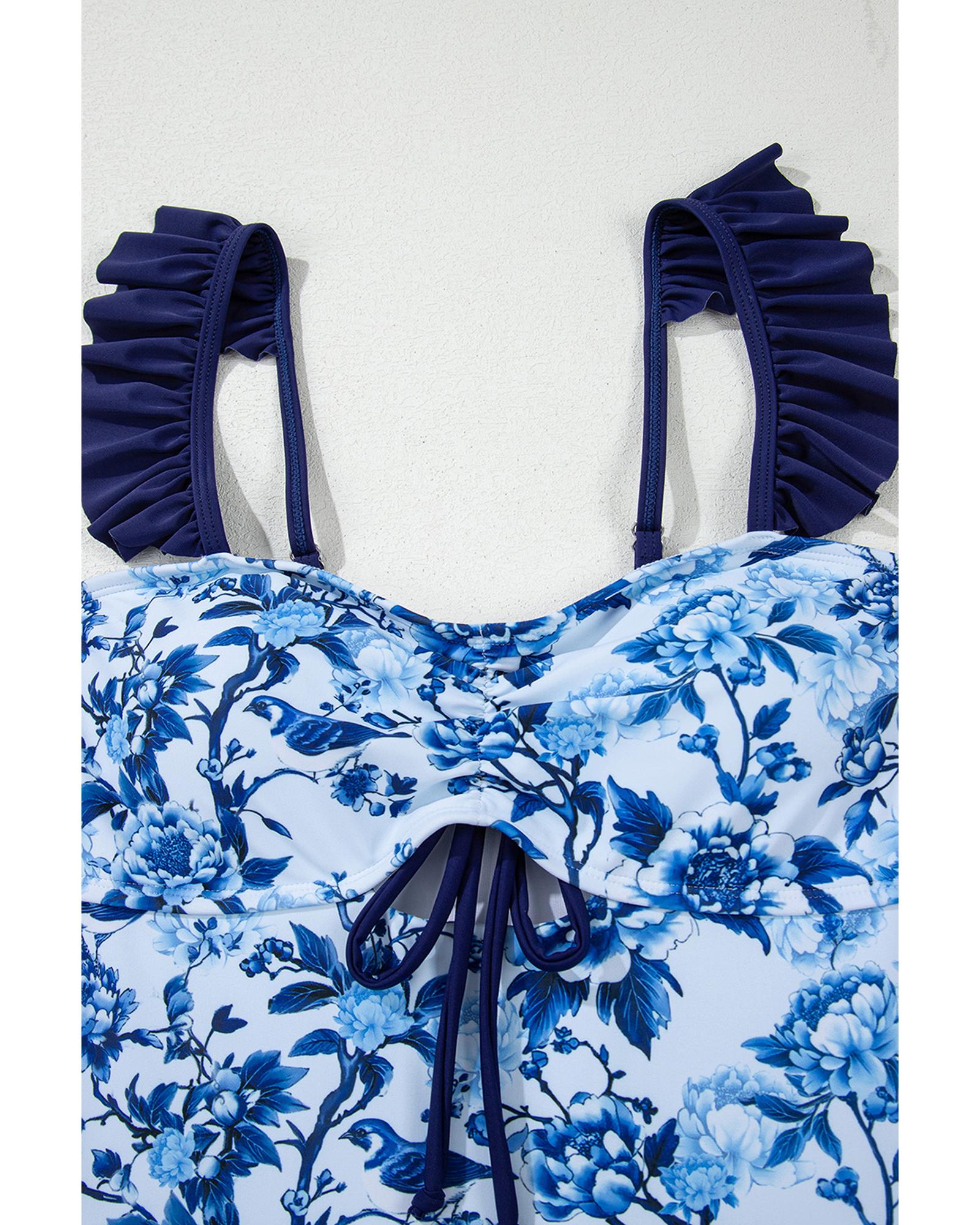 Blue Cutout Ruffled Spaghetti Strap One-Piece Swimwear - M 7