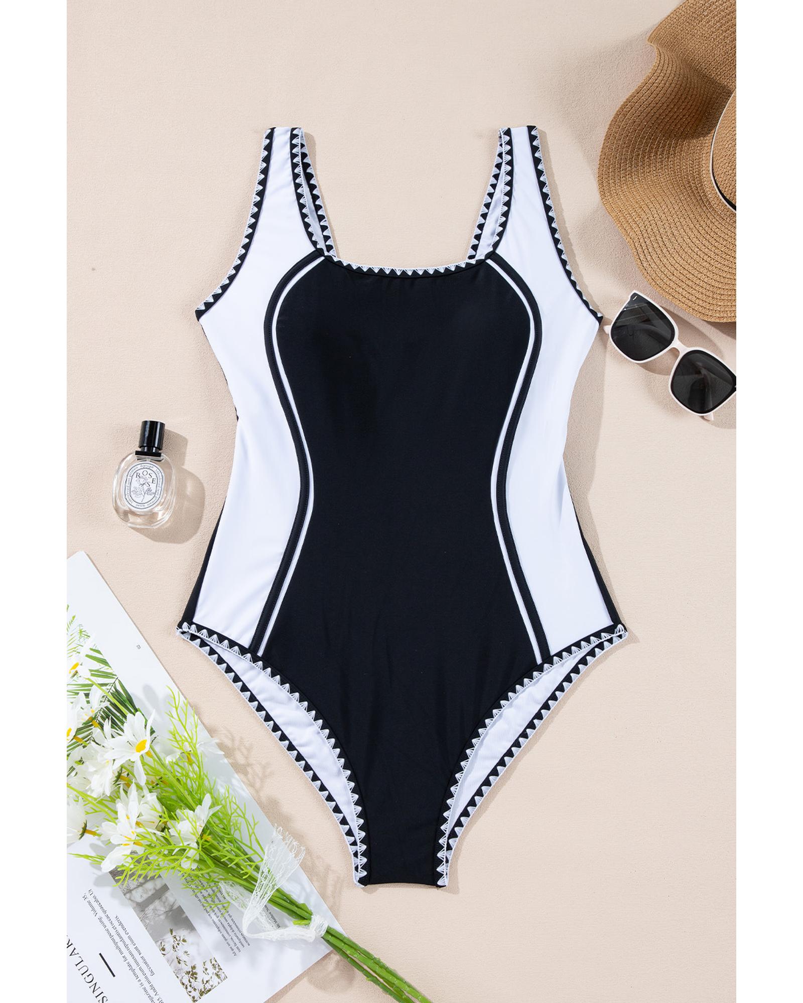 Black Color Block Ric Rac Trim U Neck One Piece Swimsuit - L