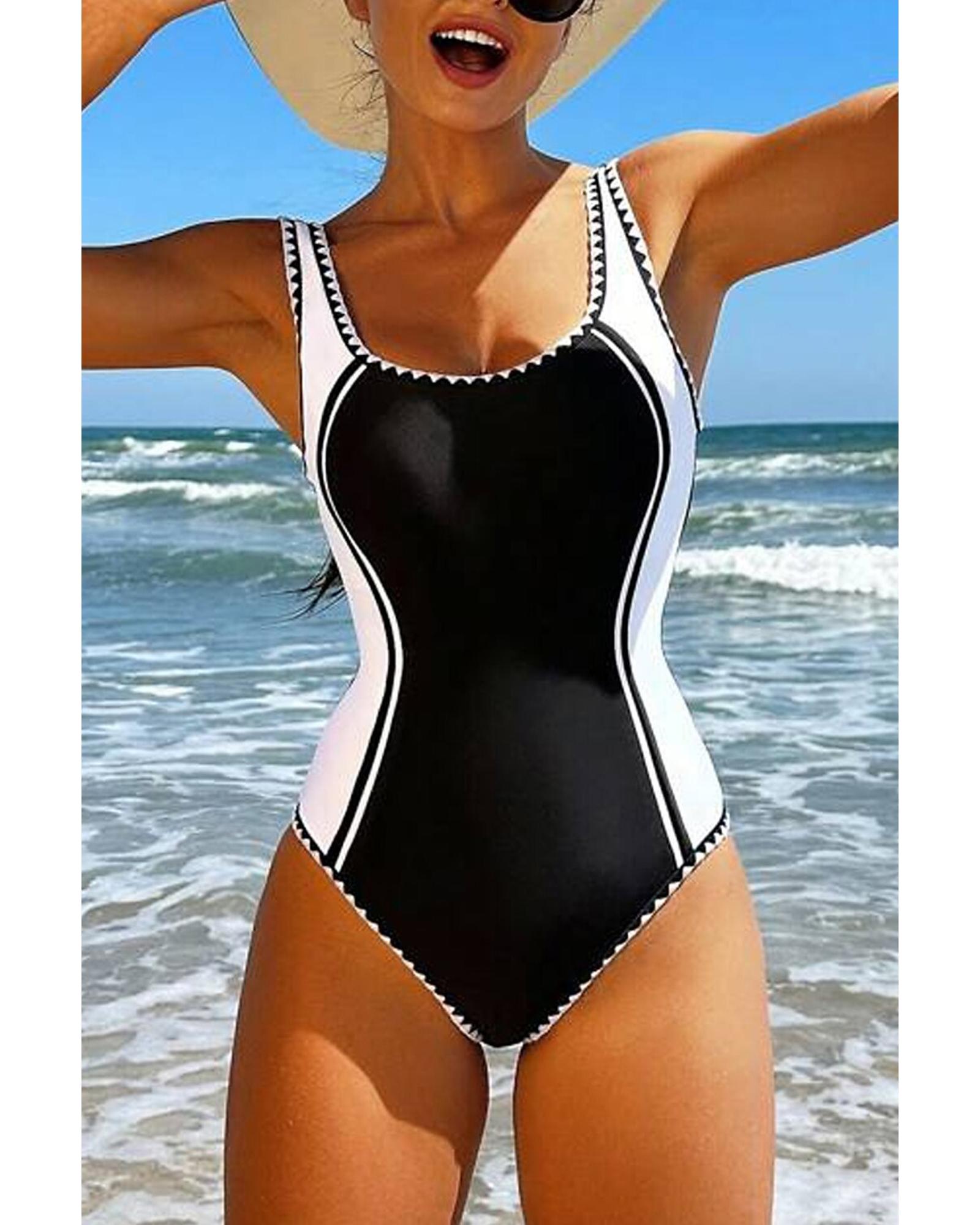 Black Color Block Ric Rac Trim U Neck One Piece Swimsuit - L 7