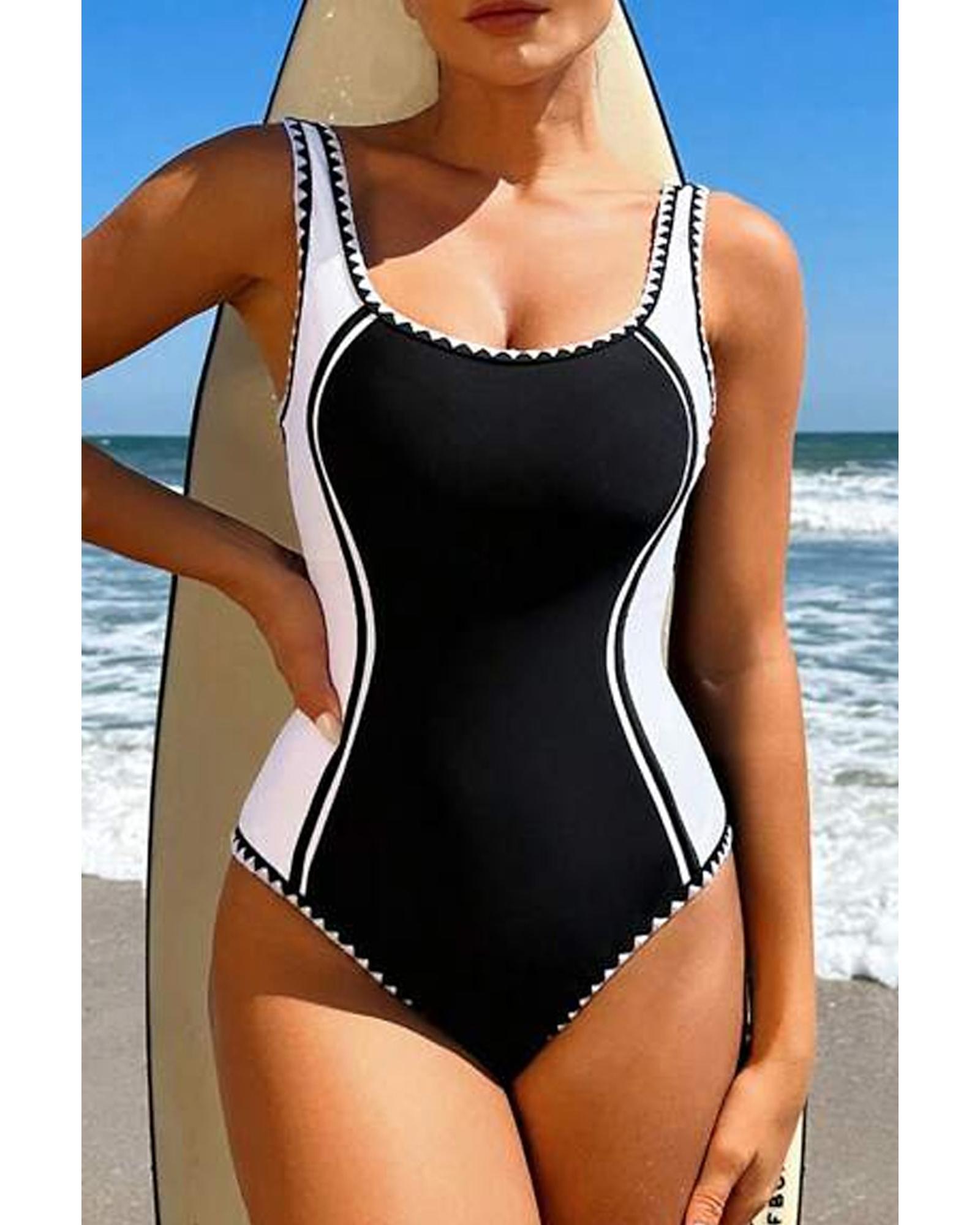 Black Color Block Ric Rac Trim U Neck One Piece Swimsuit - S 3