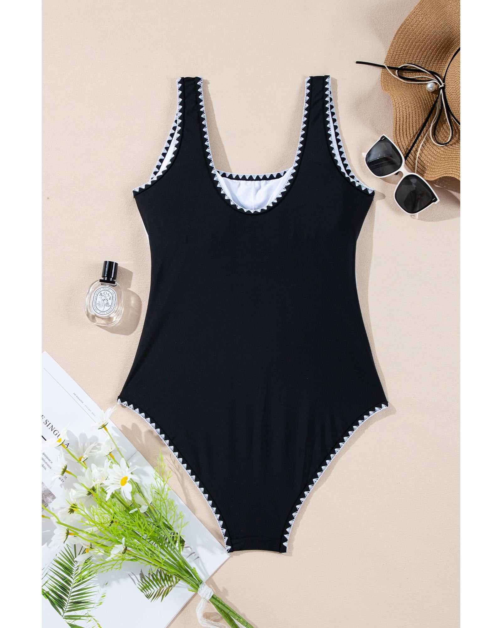 Black Color Block Ric Rac Trim U Neck One Piece Swimsuit - S 4