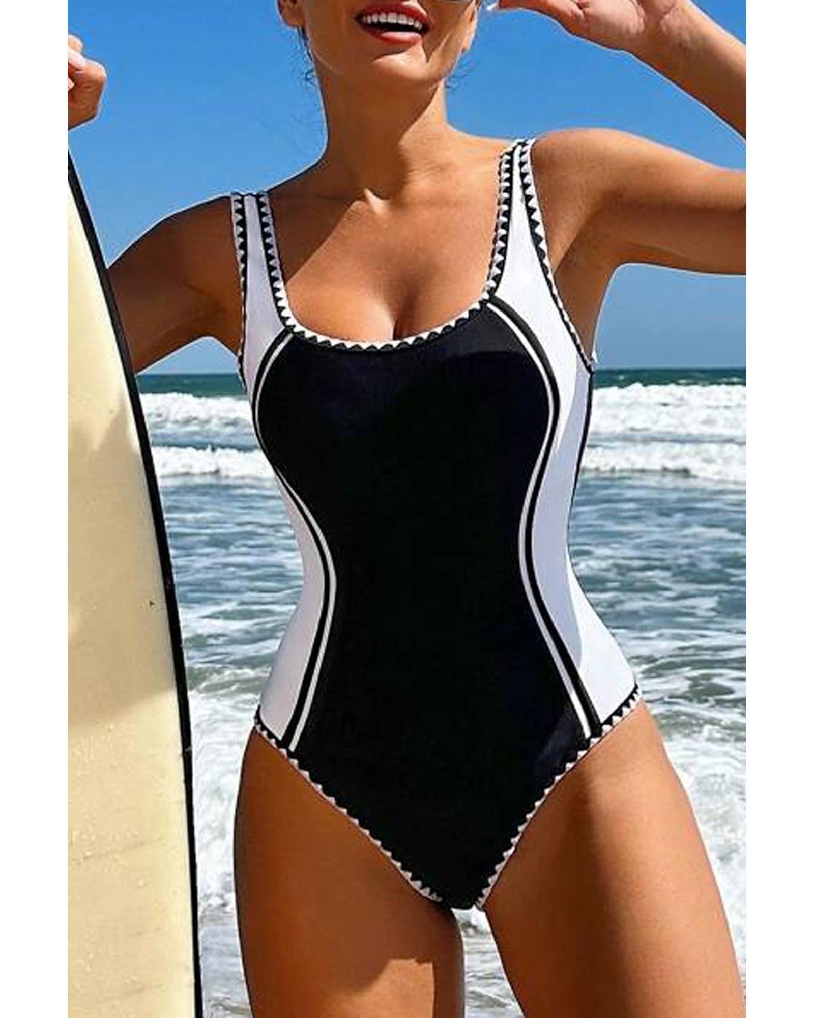 Black Color Block Ric Rac Trim U Neck One Piece Swimsuit - S 5