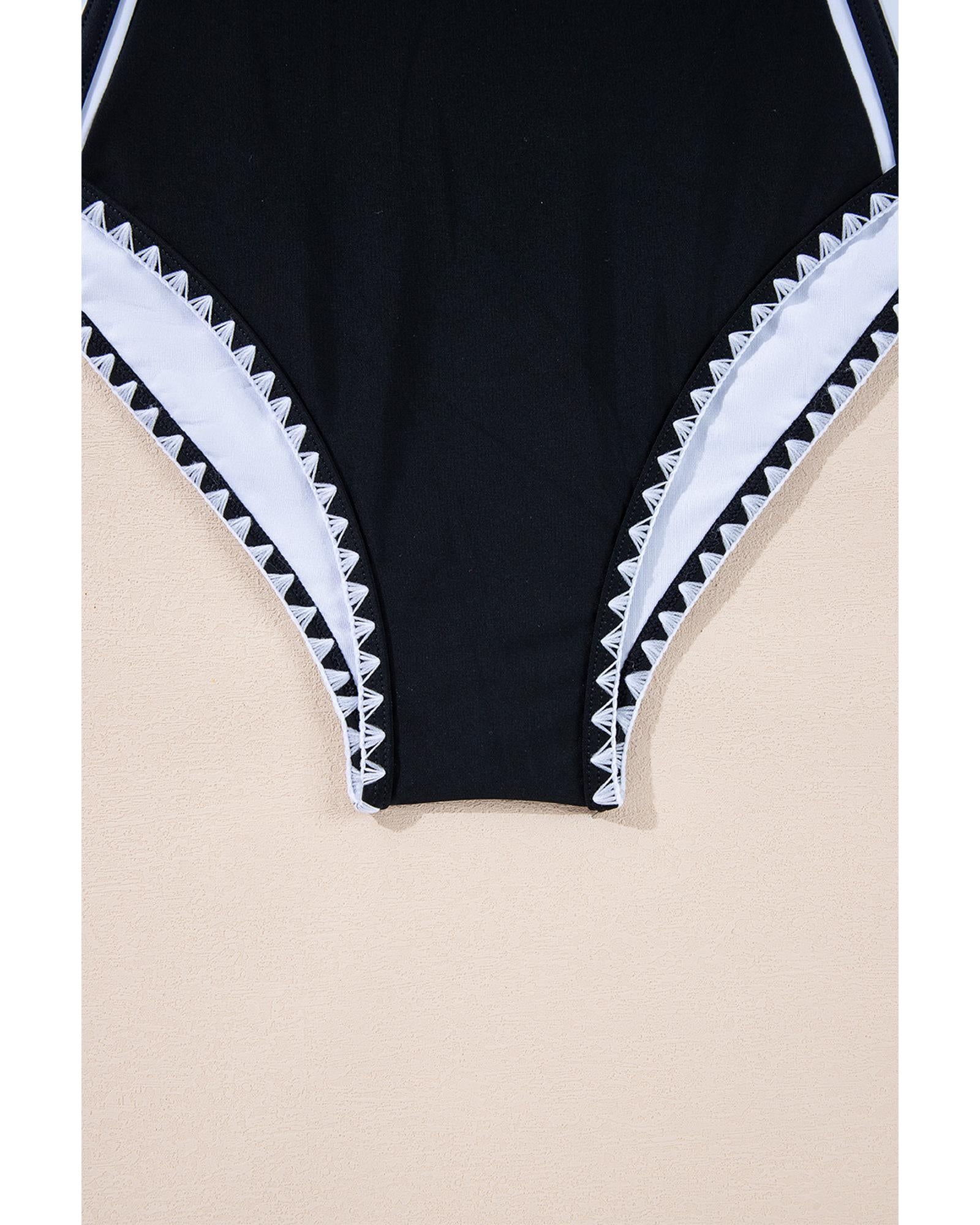 Black Color Block Ric Rac Trim U Neck One Piece Swimsuit - S 7