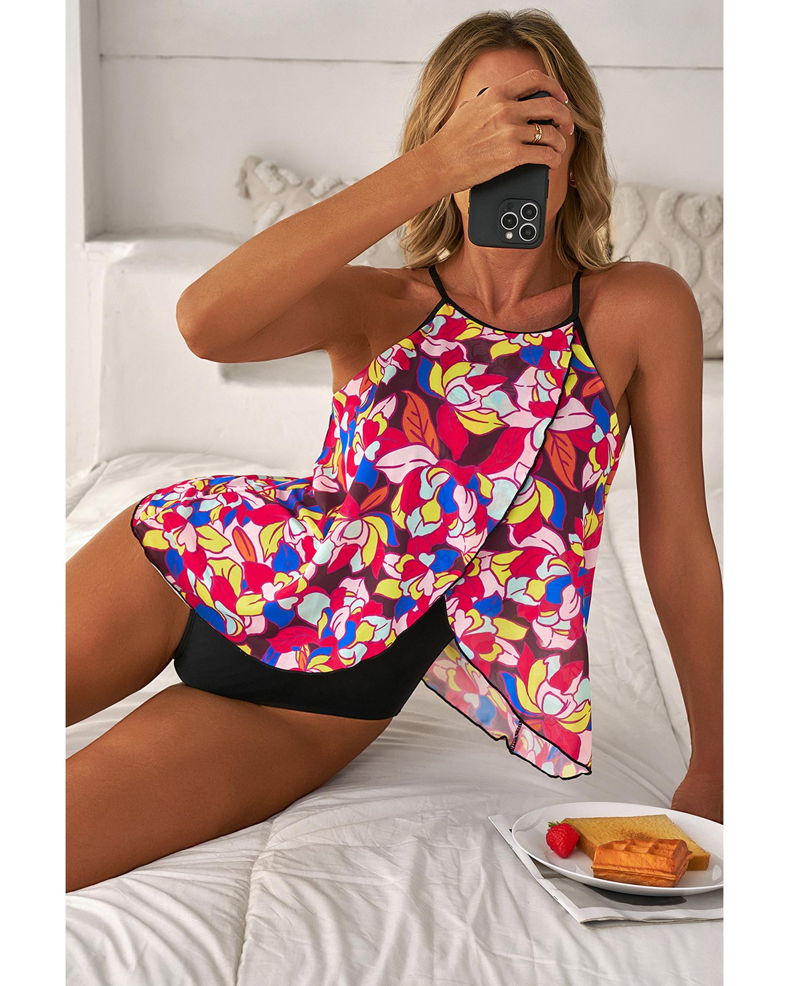 Purple Floral Print O Neck Open Back One Piece Swimsuit - L 4
