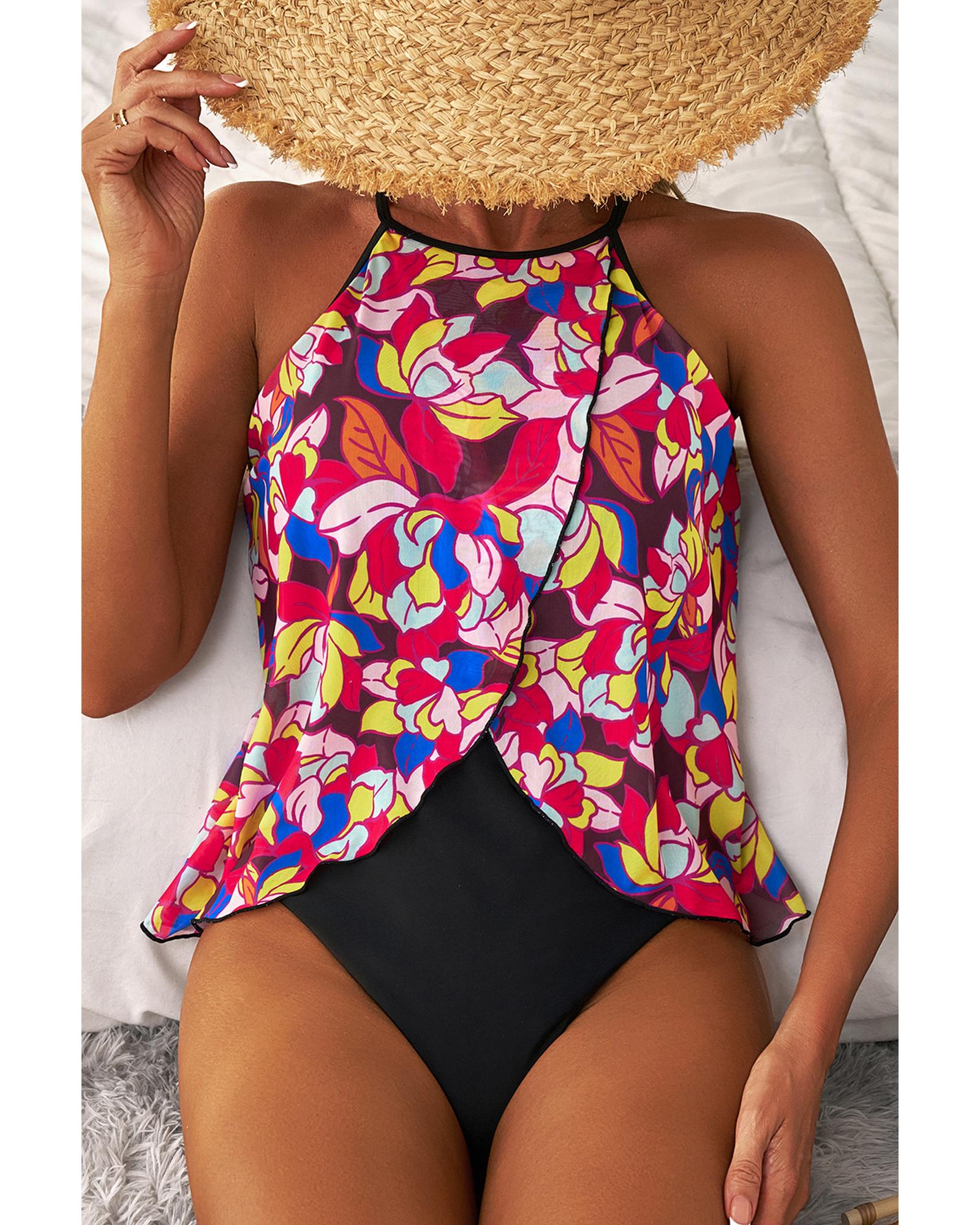 Purple Floral Print O Neck Open Back One Piece Swimsuit - L 5