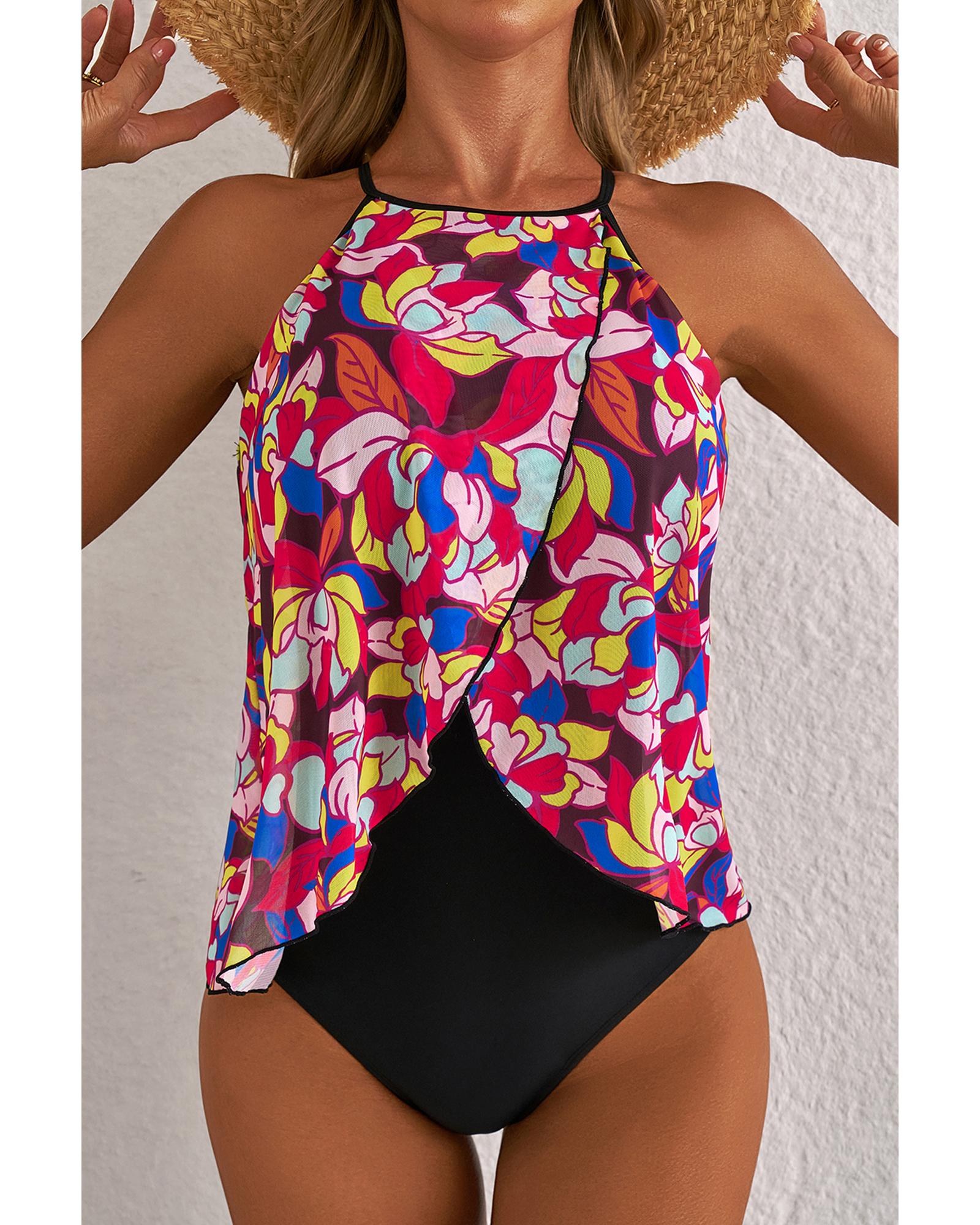 Purple Floral Print O Neck Open Back One Piece Swimsuit - L 6