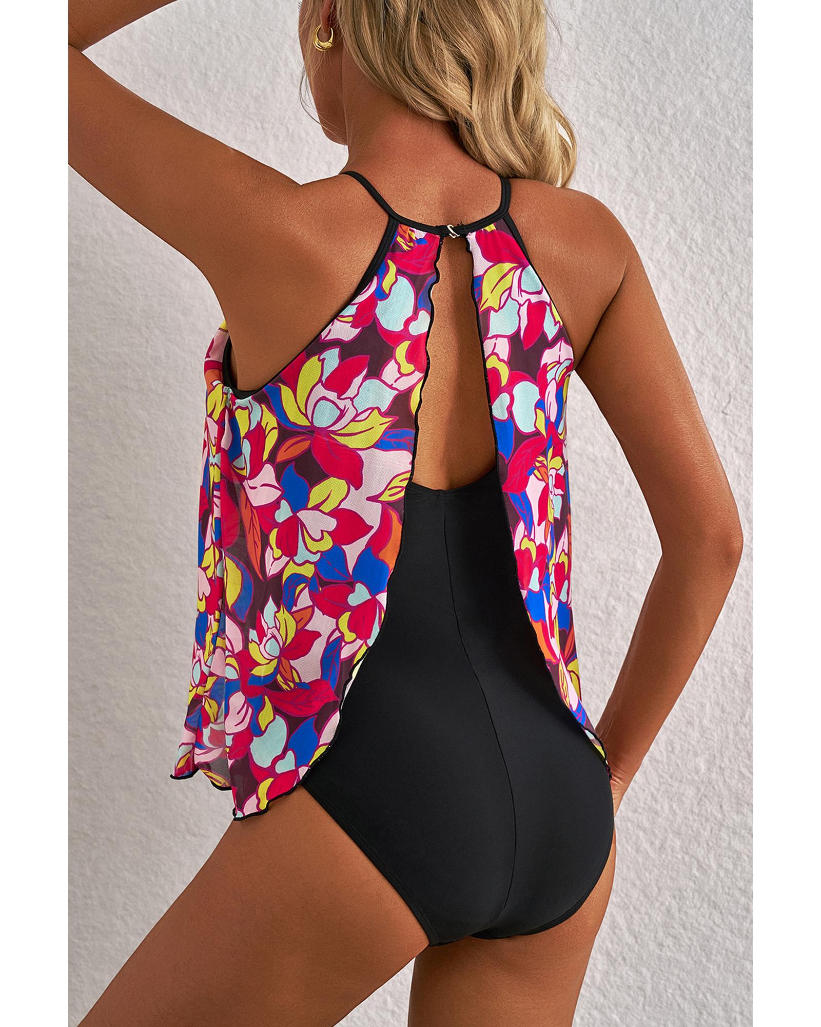 Purple Floral Print O Neck Open Back One Piece Swimsuit - XL