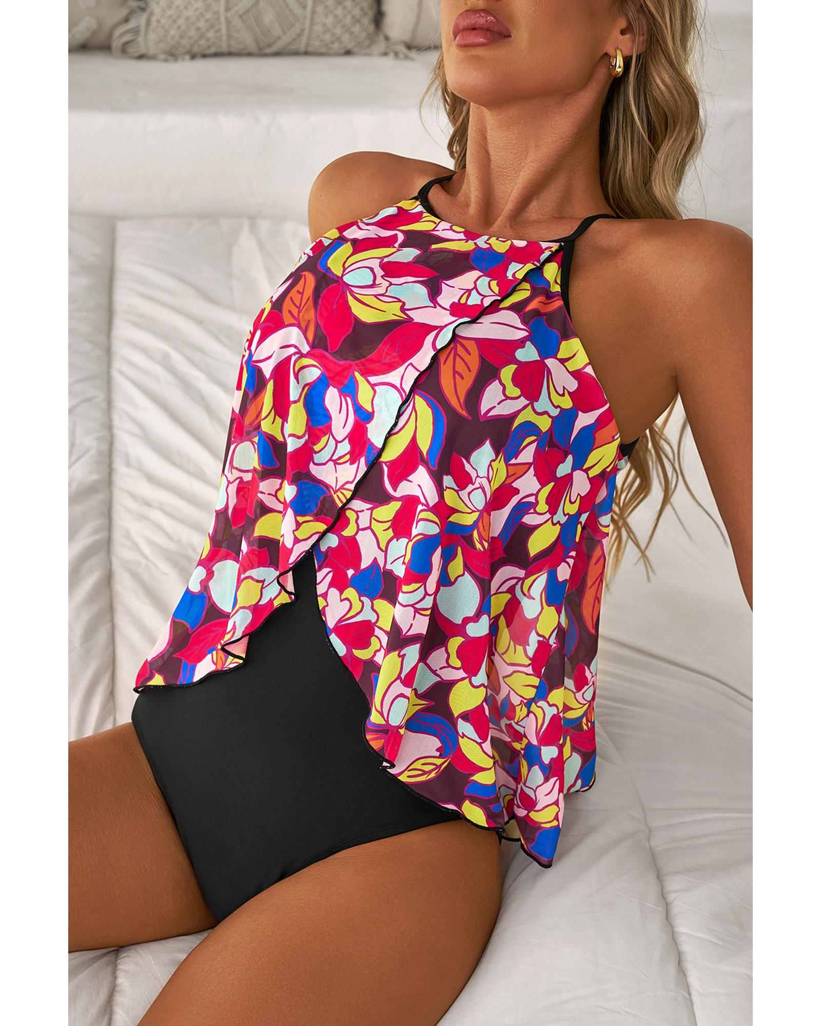 Purple Floral Print O Neck Open Back One Piece Swimsuit - XL 3