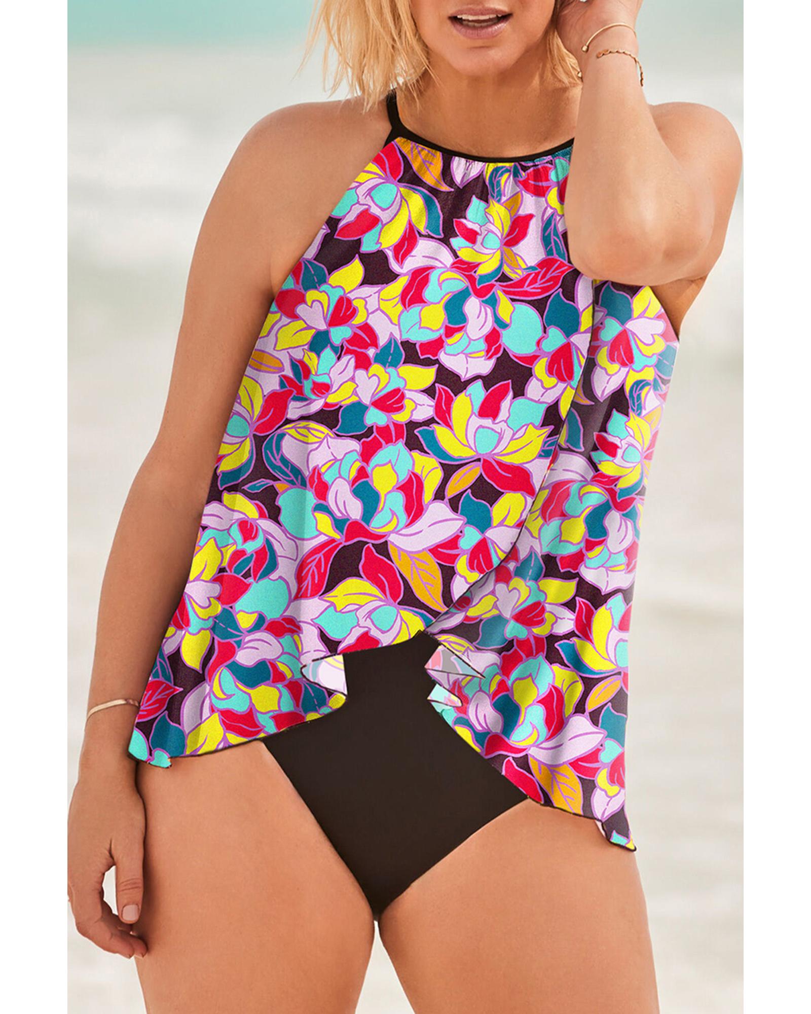 Purple Floral Print O Neck Open Back One Piece Swimsuit - XL 7