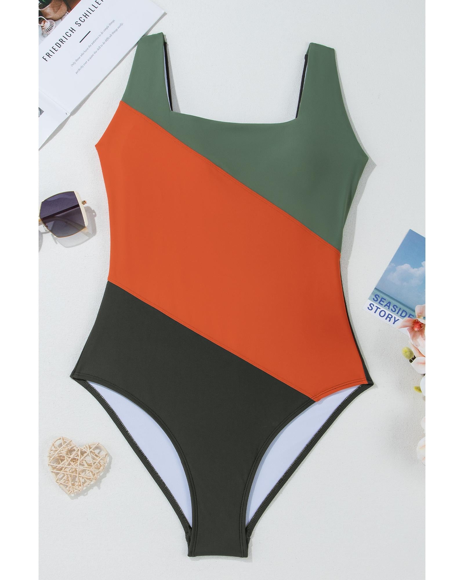 Duffel Green Color Block Padded Square Neck One Piece Swimsuit - L 3