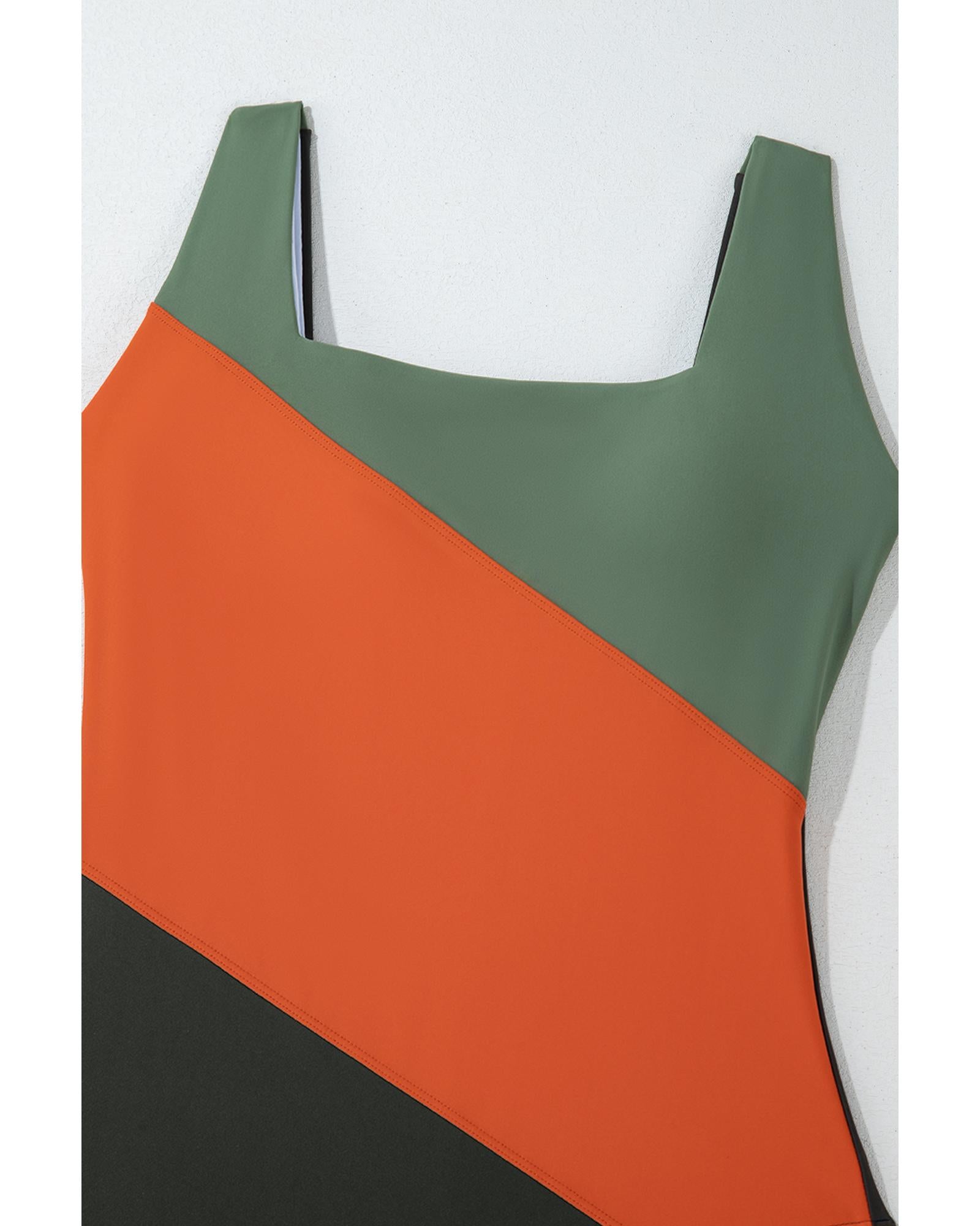 Duffel Green Color Block Padded Square Neck One Piece Swimsuit - L 6