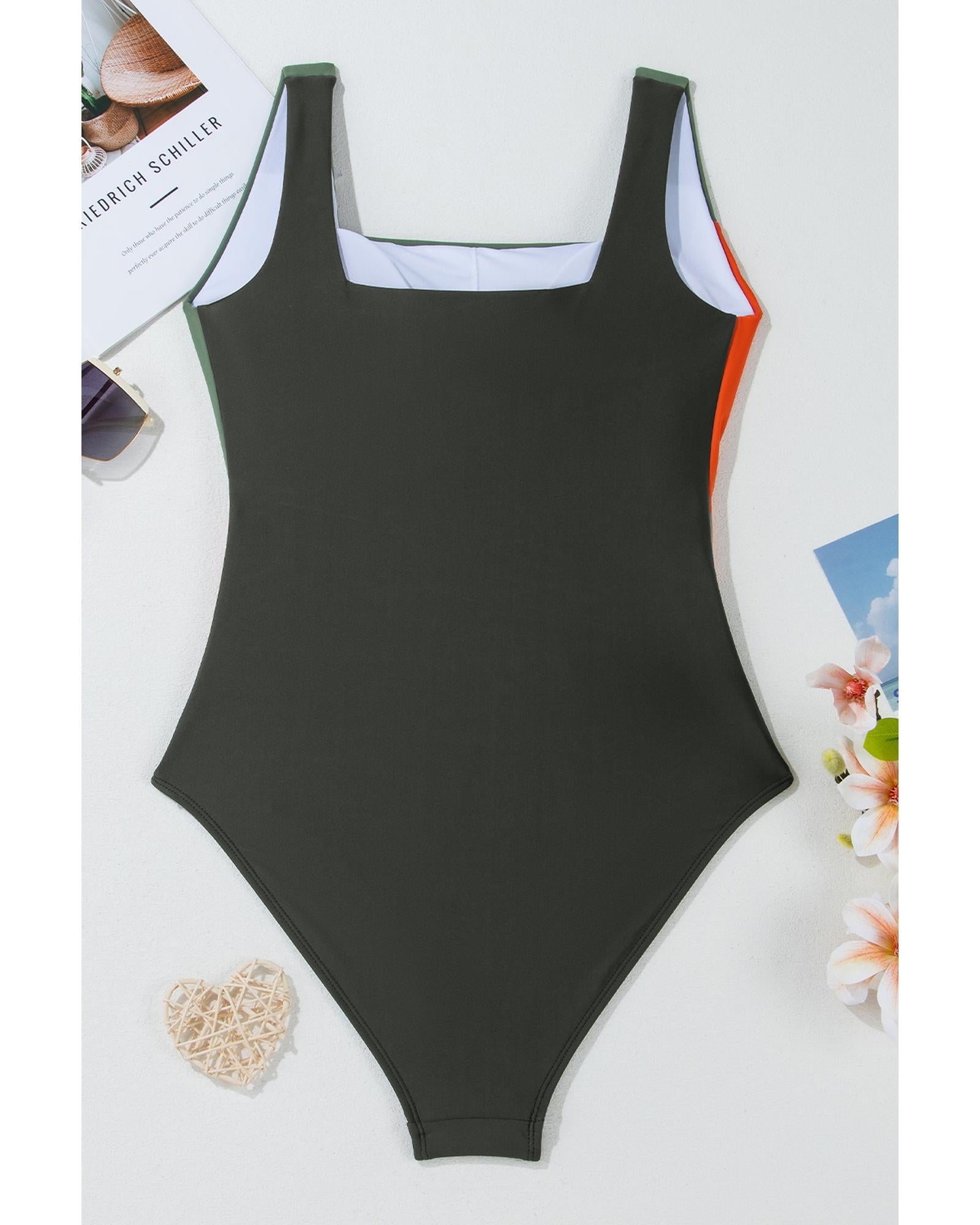 Duffel Green Color Block Padded Square Neck One Piece Swimsuit - L 7