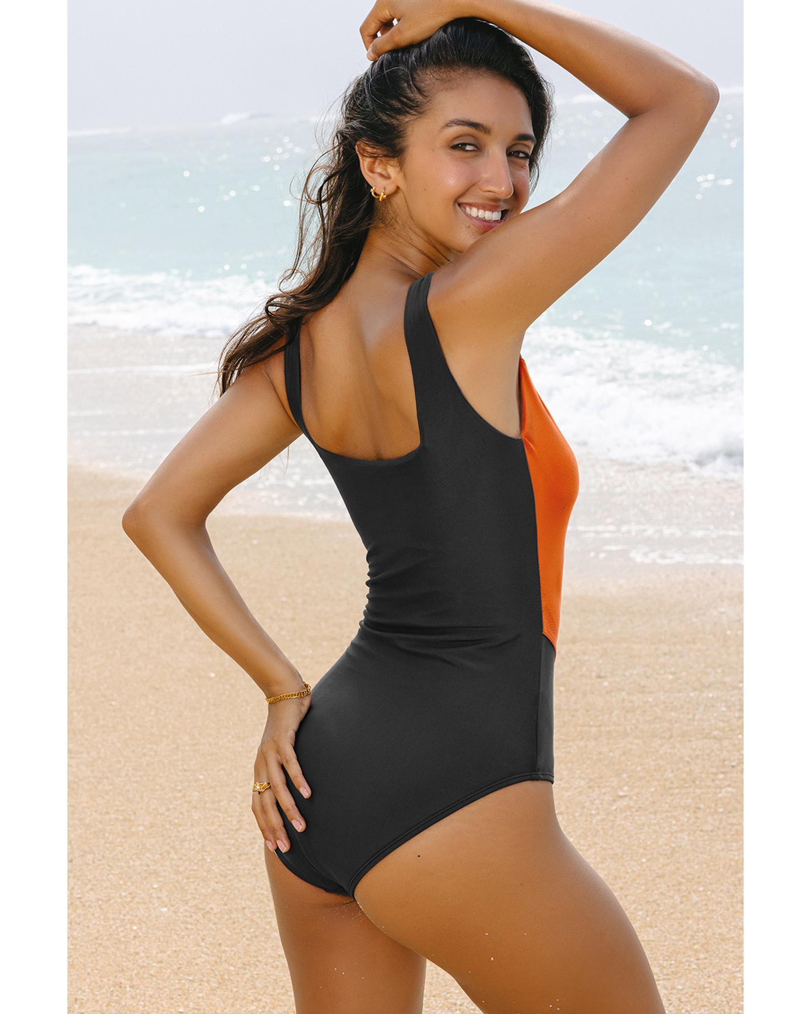 Duffel Green Color Block Padded Square Neck One Piece Swimsuit - XL