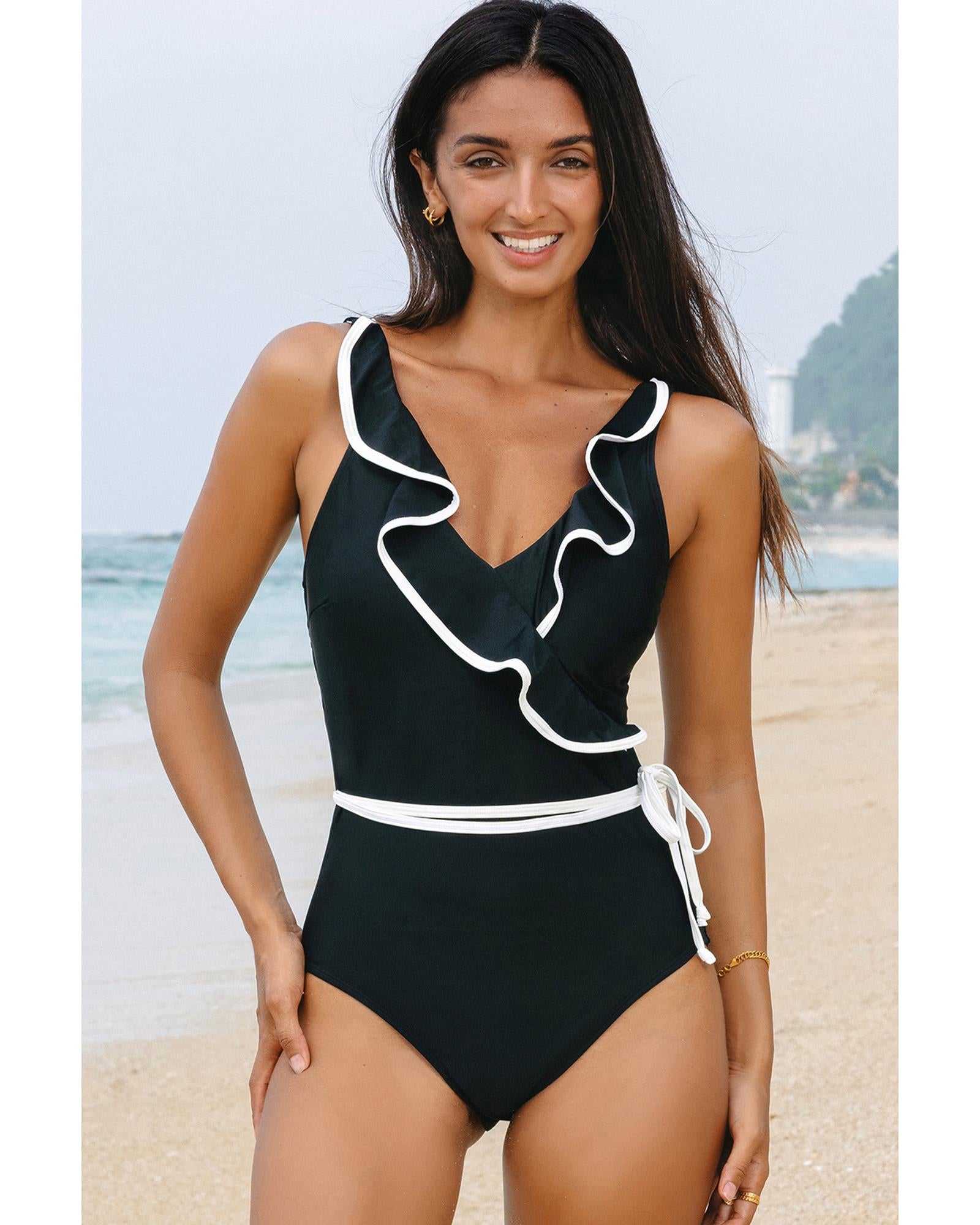 Black Color Contrast Ruffled Wrap V Neck Swimsuit - M 6