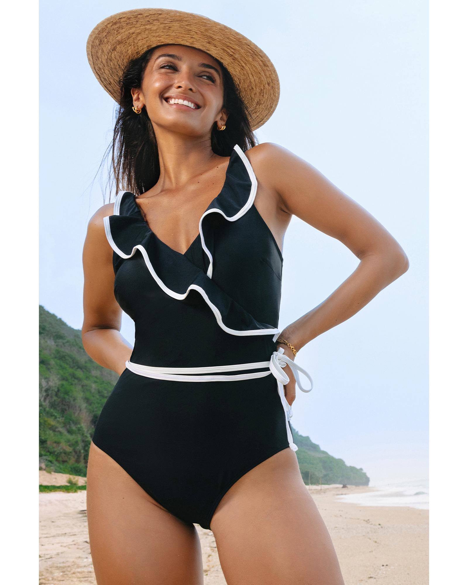 Black Color Contrast Ruffled Wrap V Neck Swimsuit - M 8