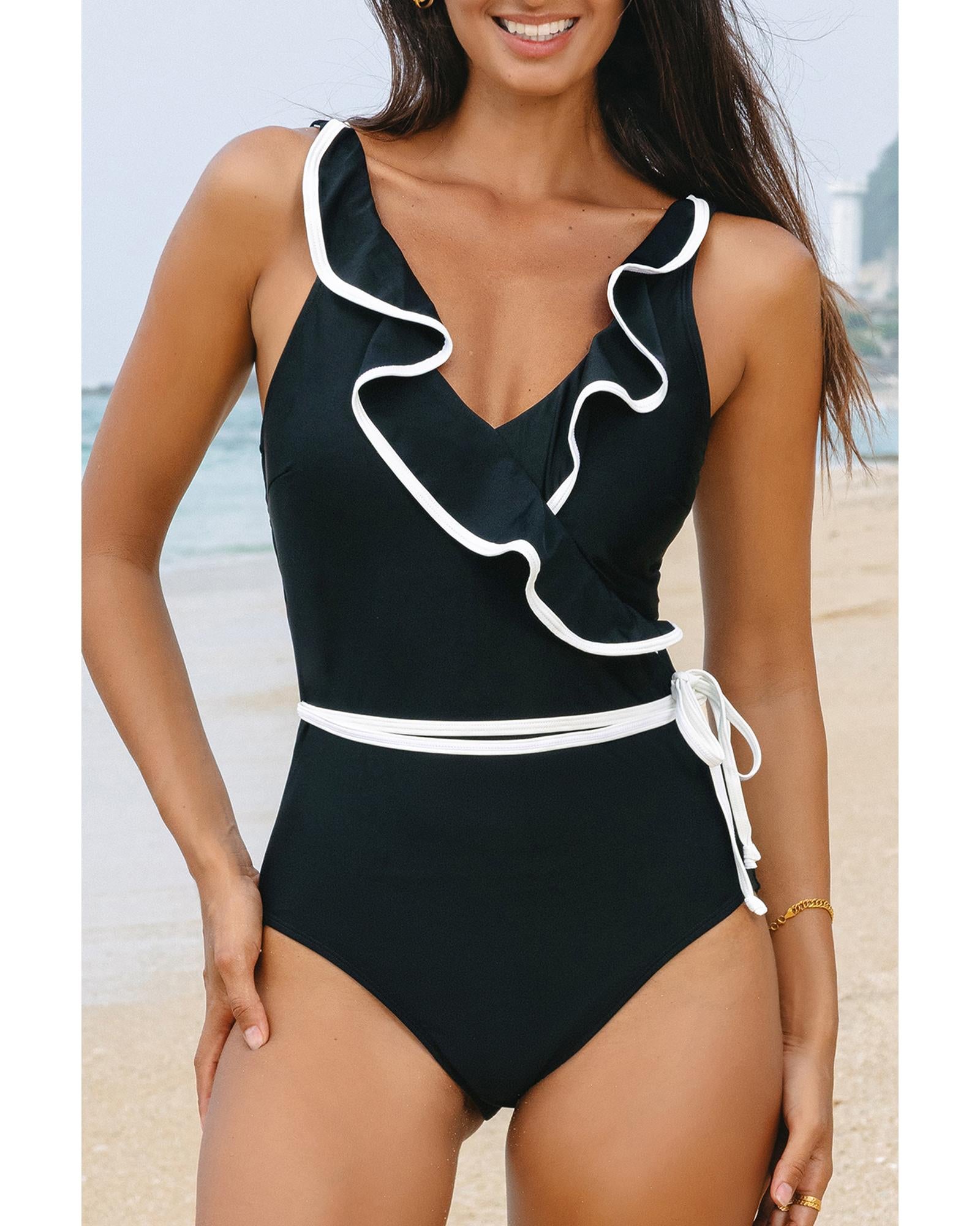 Black Color Contrast Ruffled Wrap V Neck Swimsuit - S 7