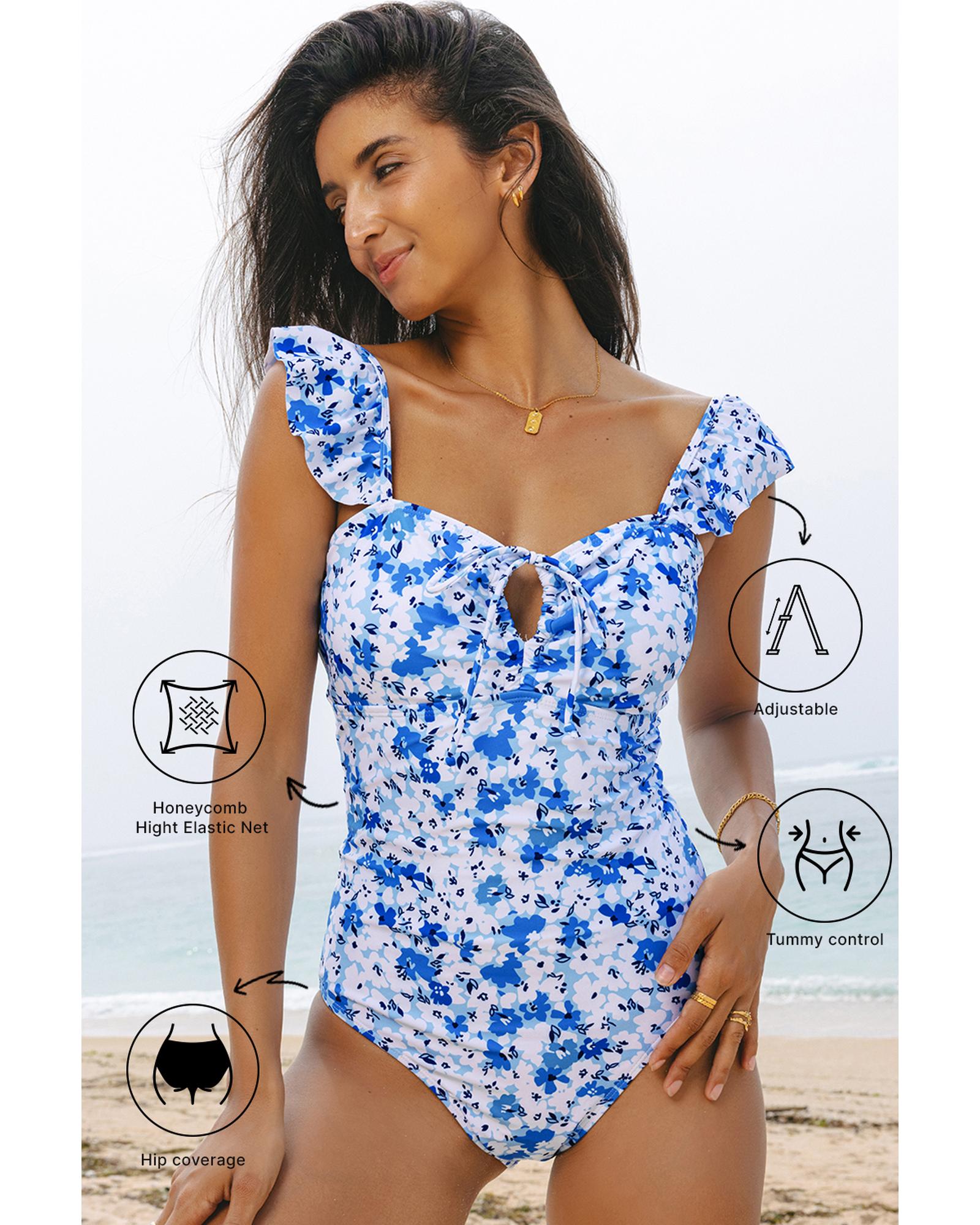 Blue Floral Ruffled Strap Lace-up Hollow Out One Piece Swimsuit - M 5