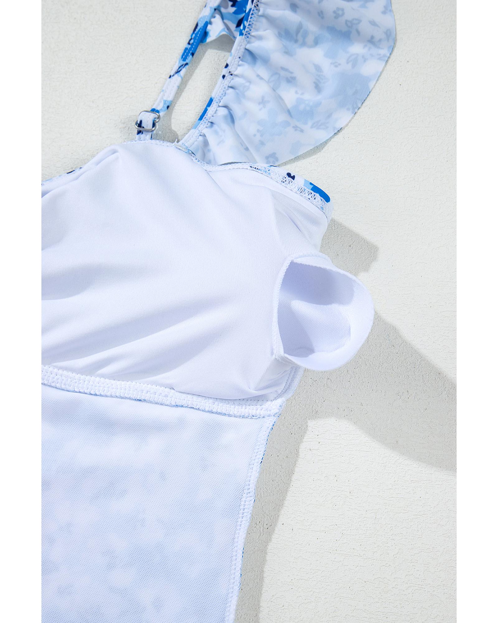 Blue Floral Ruffled Strap Lace-up Hollow Out One Piece Swimsuit - M 7