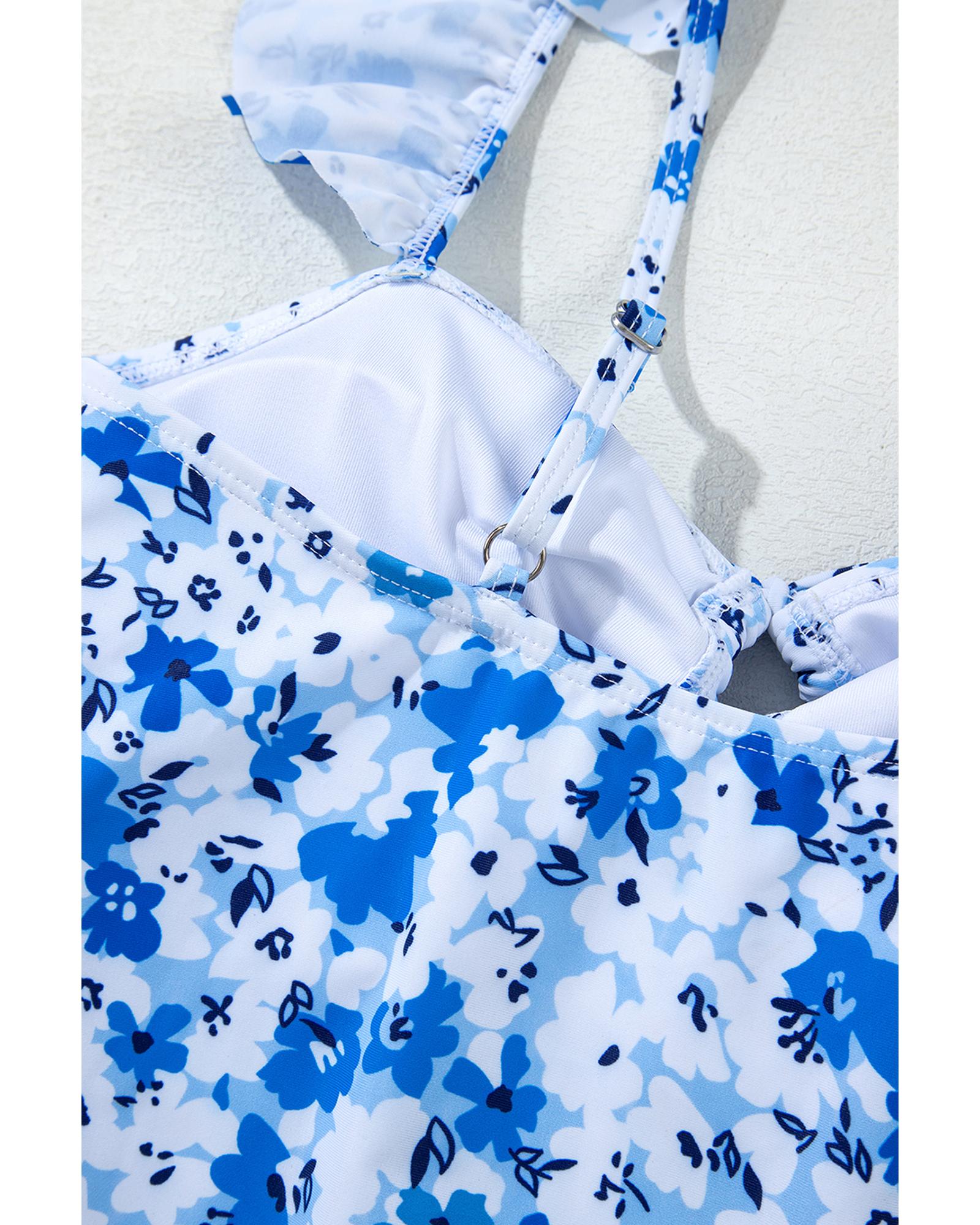 Blue Floral Ruffled Strap Lace-up Hollow Out One Piece Swimsuit - XL 6