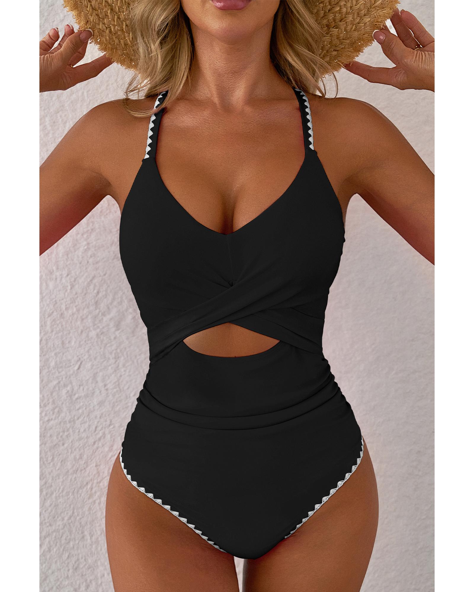 Black Ric Rac Trim Contrasted Patchwork Cutout One Piece Swimsuit - S 4