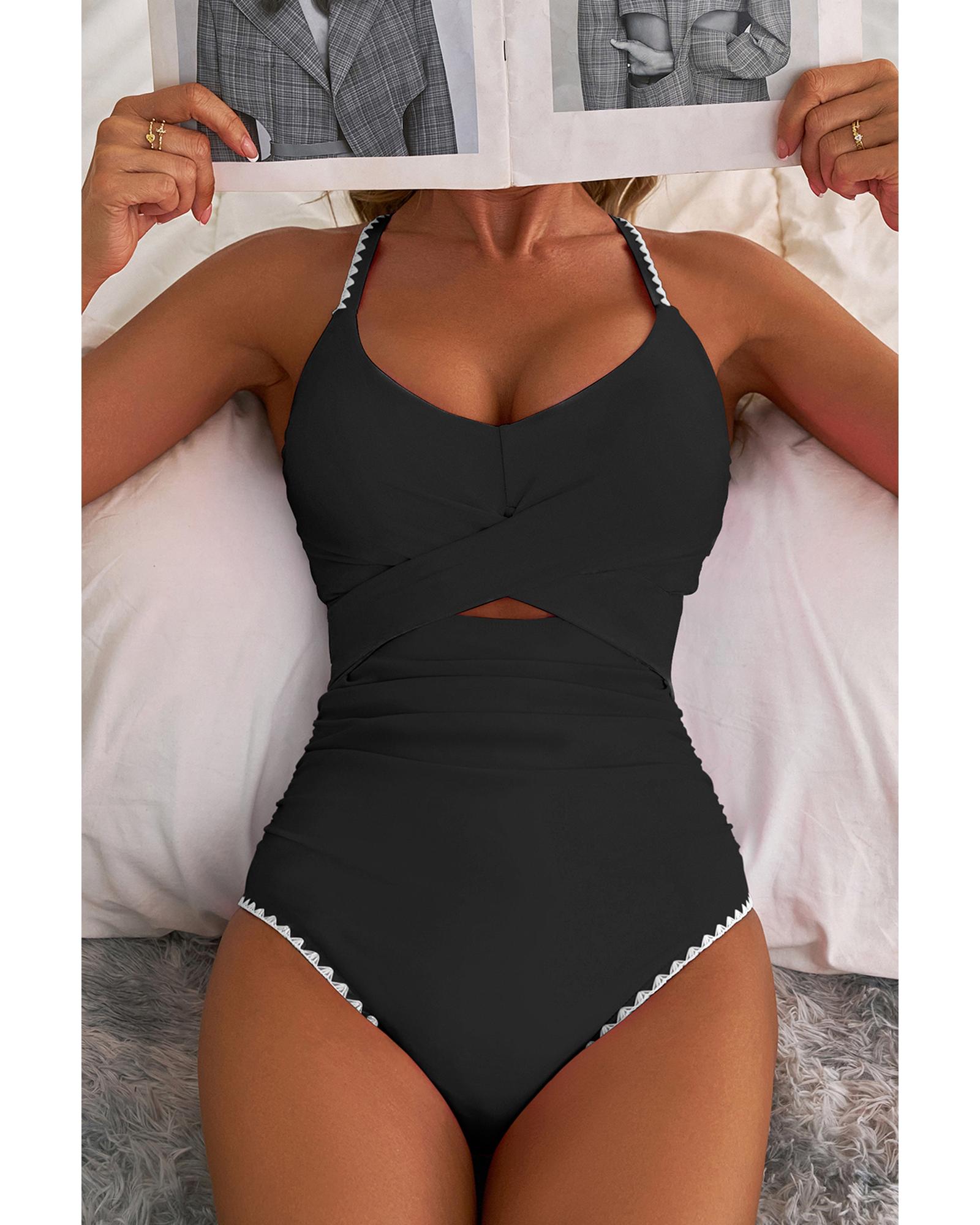 Black Ric Rac Trim Contrasted Patchwork Cutout One Piece Swimsuit - S 5