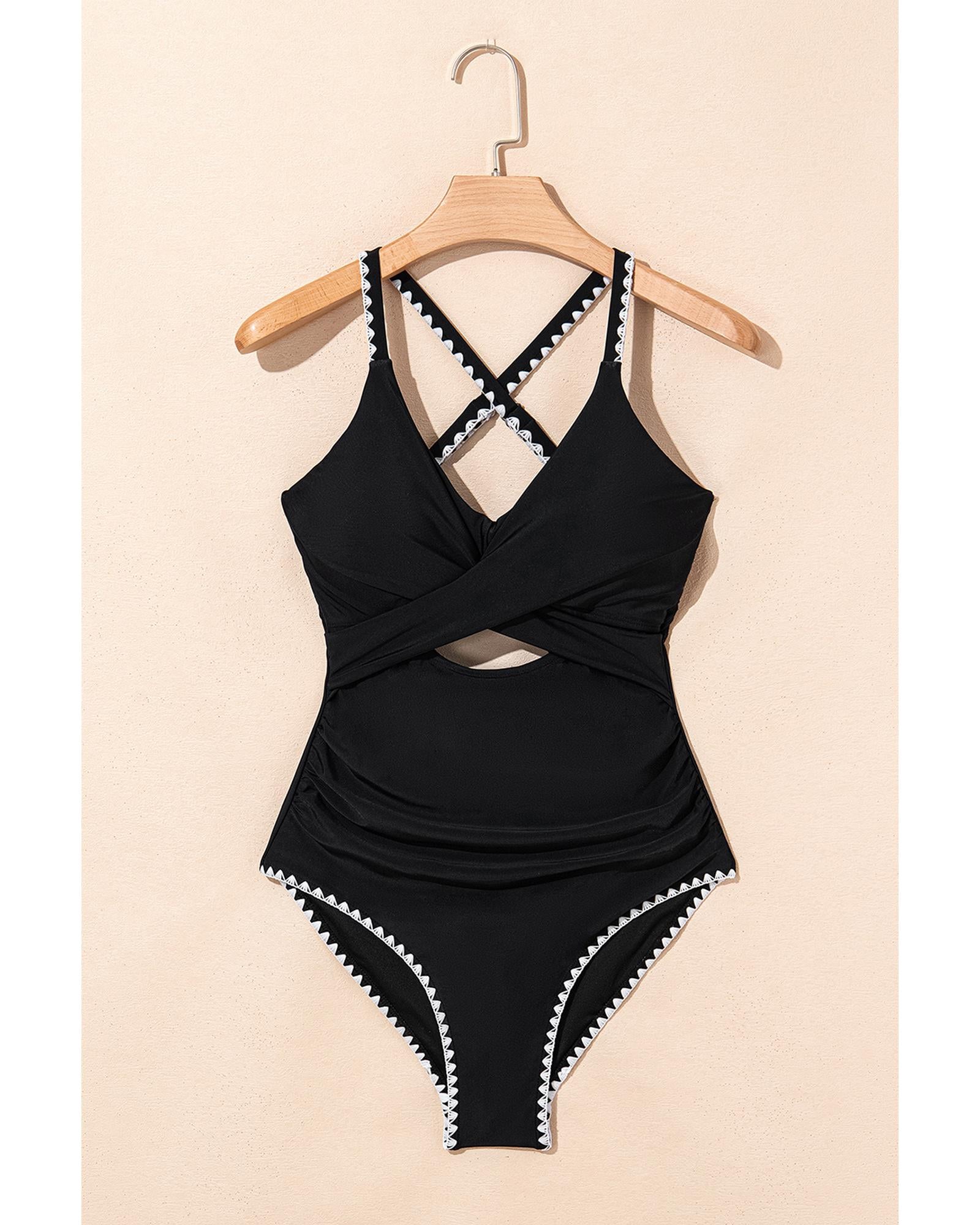 Black Ric Rac Trim Contrasted Patchwork Cutout One Piece Swimsuit - S 6