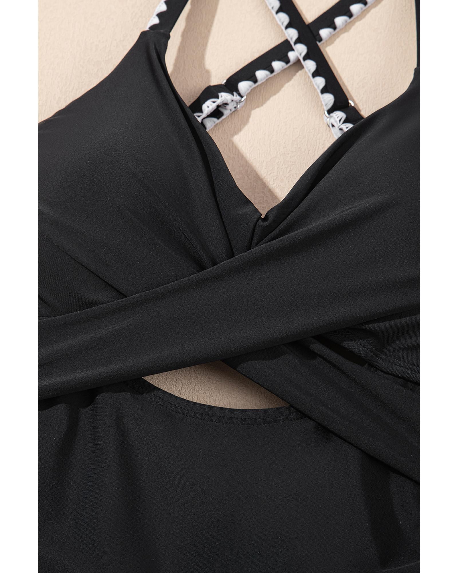 Black Ric Rac Trim Contrasted Patchwork Cutout One Piece Swimsuit - S 8