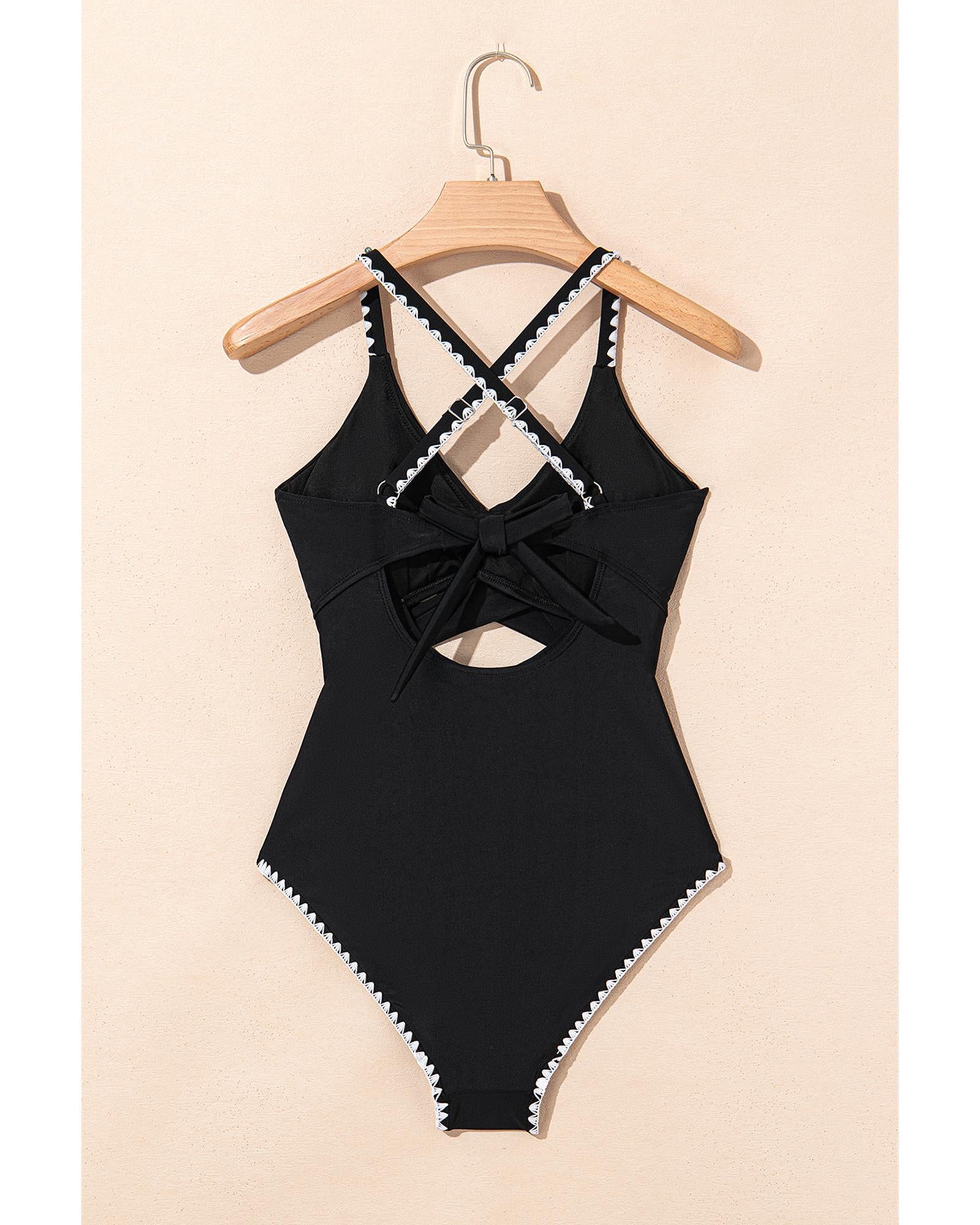 Black Ric Rac Trim Contrasted Patchwork Cutout One Piece Swimsuit - XL 7