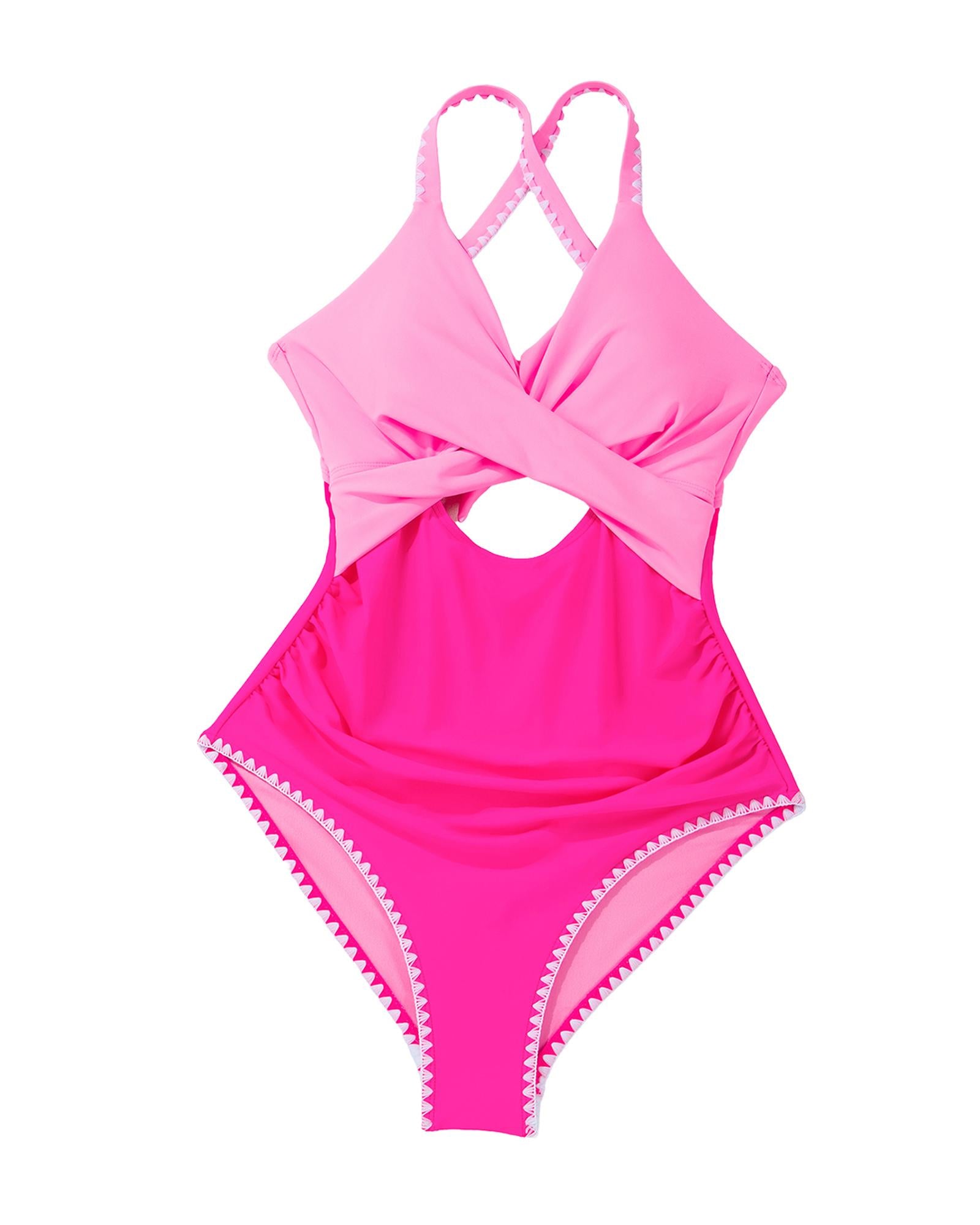 Rose Red Ric Rac Trim Contrasted Patchwork Cutout One Piece Swimsuit - XL 3
