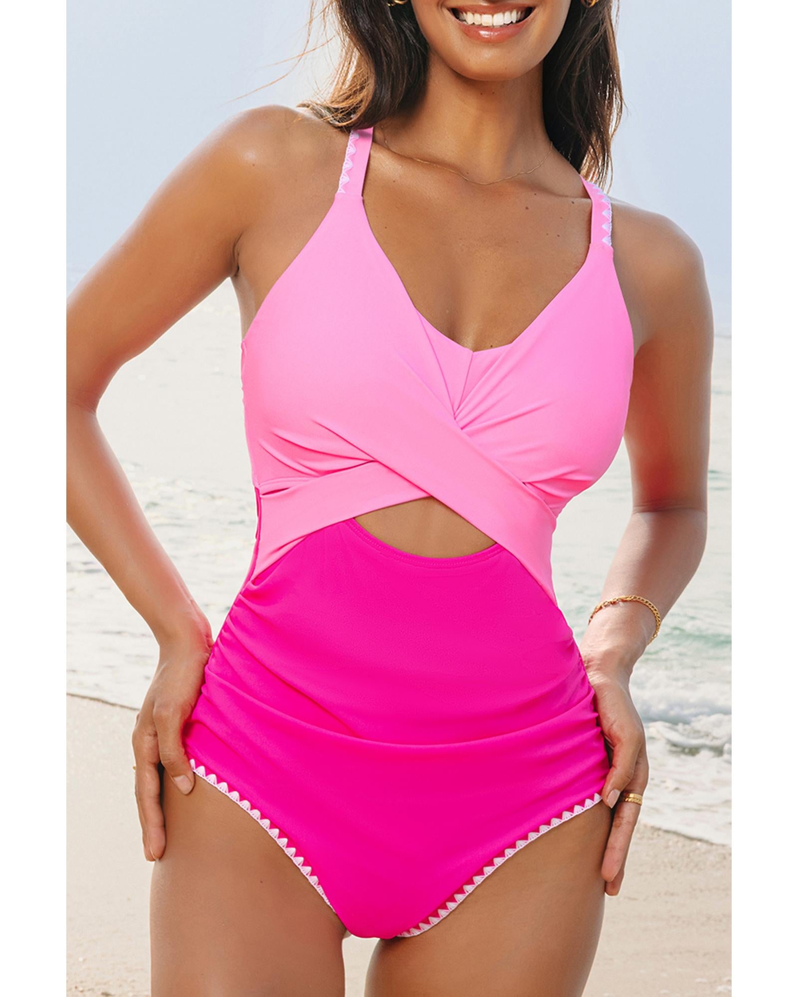 Rose Red Ric Rac Trim Contrasted Patchwork Cutout One Piece Swimsuit - XL 5
