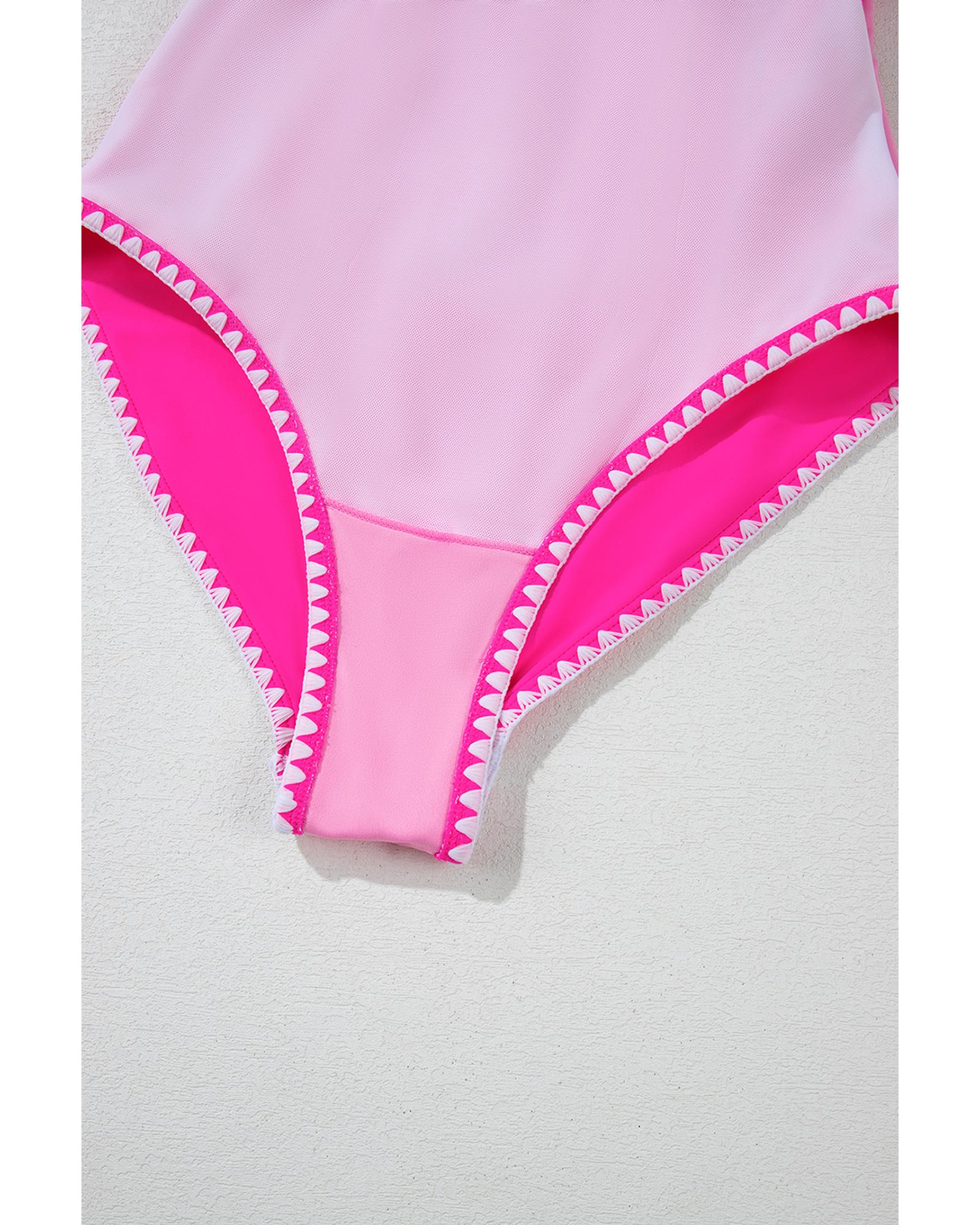 Rose Red Ric Rac Trim Contrasted Patchwork Cutout One Piece Swimsuit - XL 7