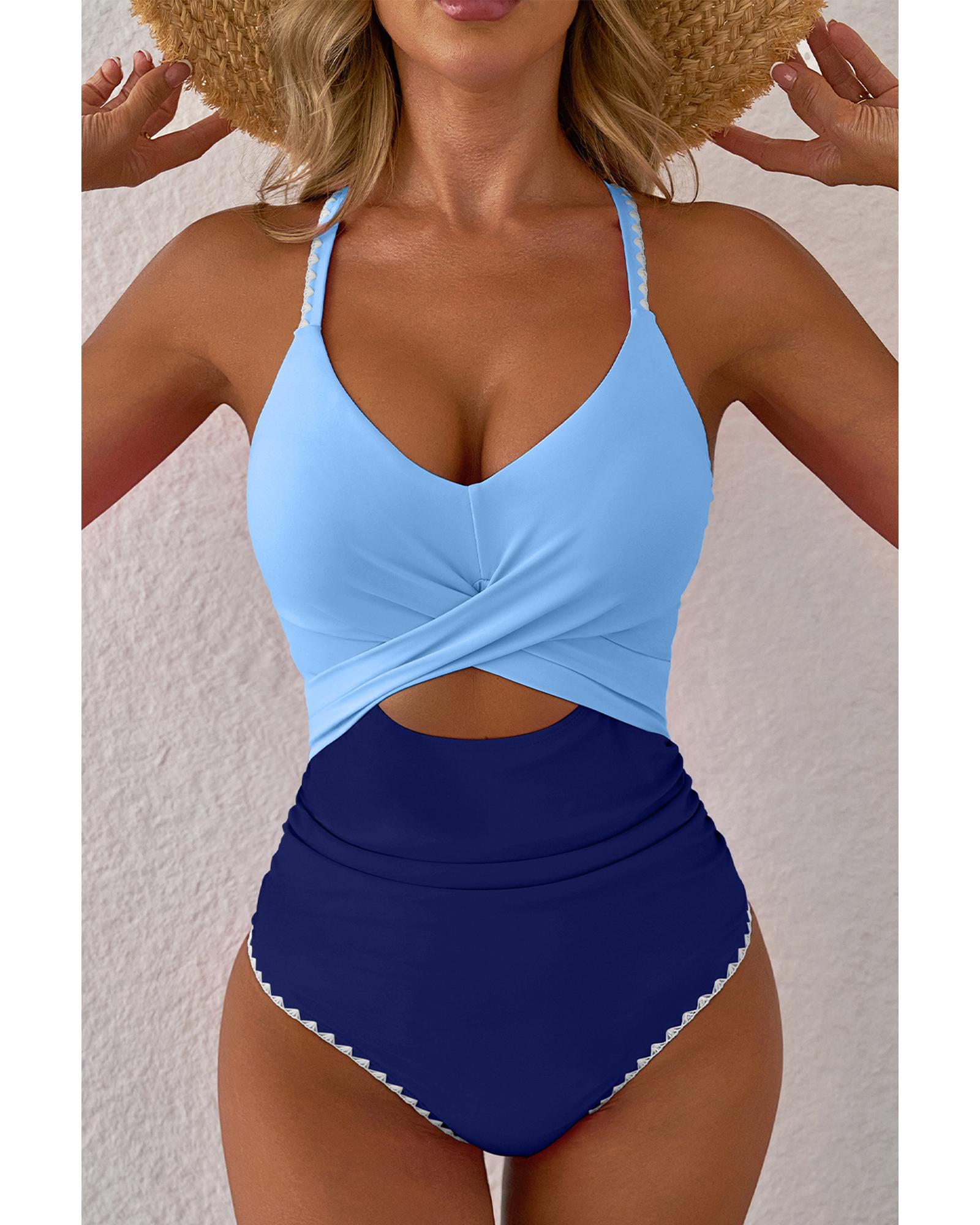 Beau Blue Ric Rac Trim Contrasted Patchwork Cutout One Piece Swimsuit - L 4