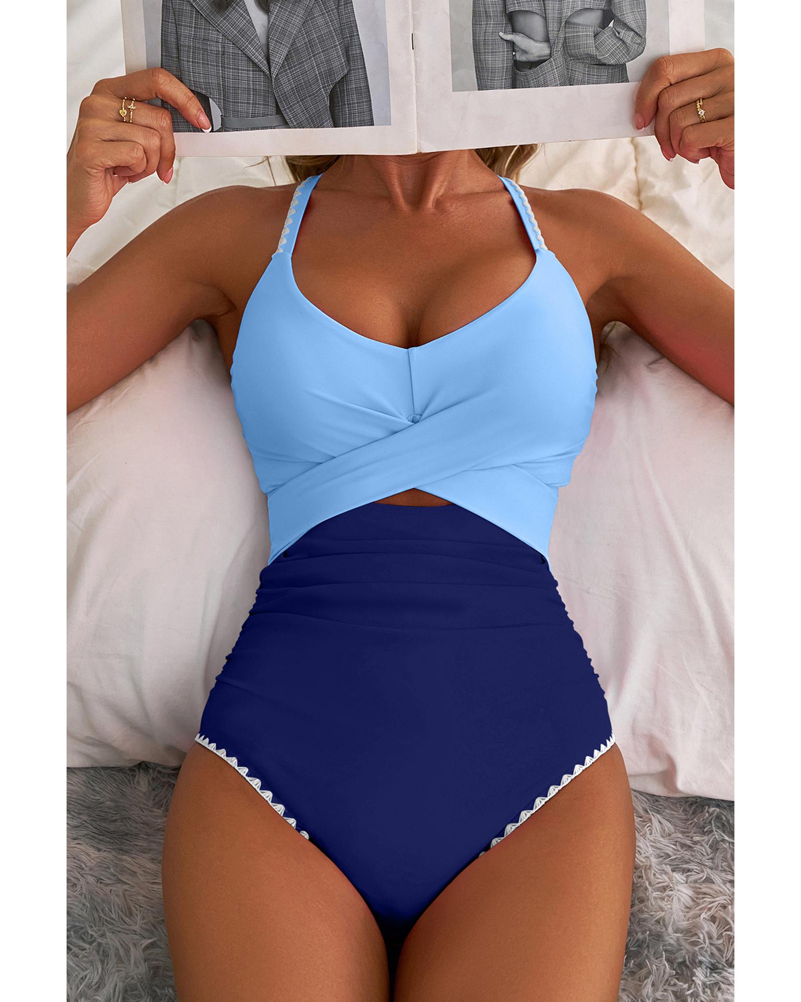 Beau Blue Ric Rac Trim Contrasted Patchwork Cutout One Piece Swimsuit - L 5