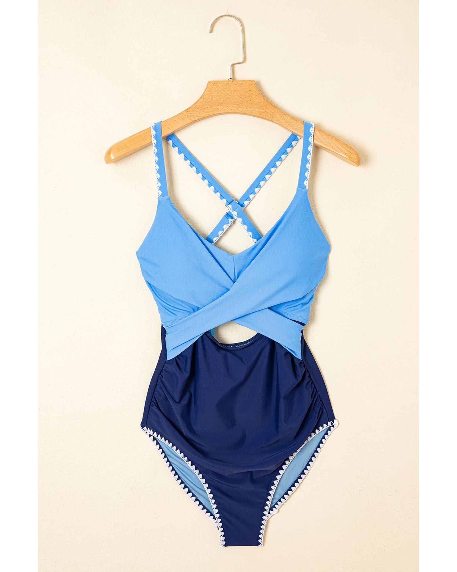 Beau Blue Ric Rac Trim Contrasted Patchwork Cutout One Piece Swimsuit - L 6