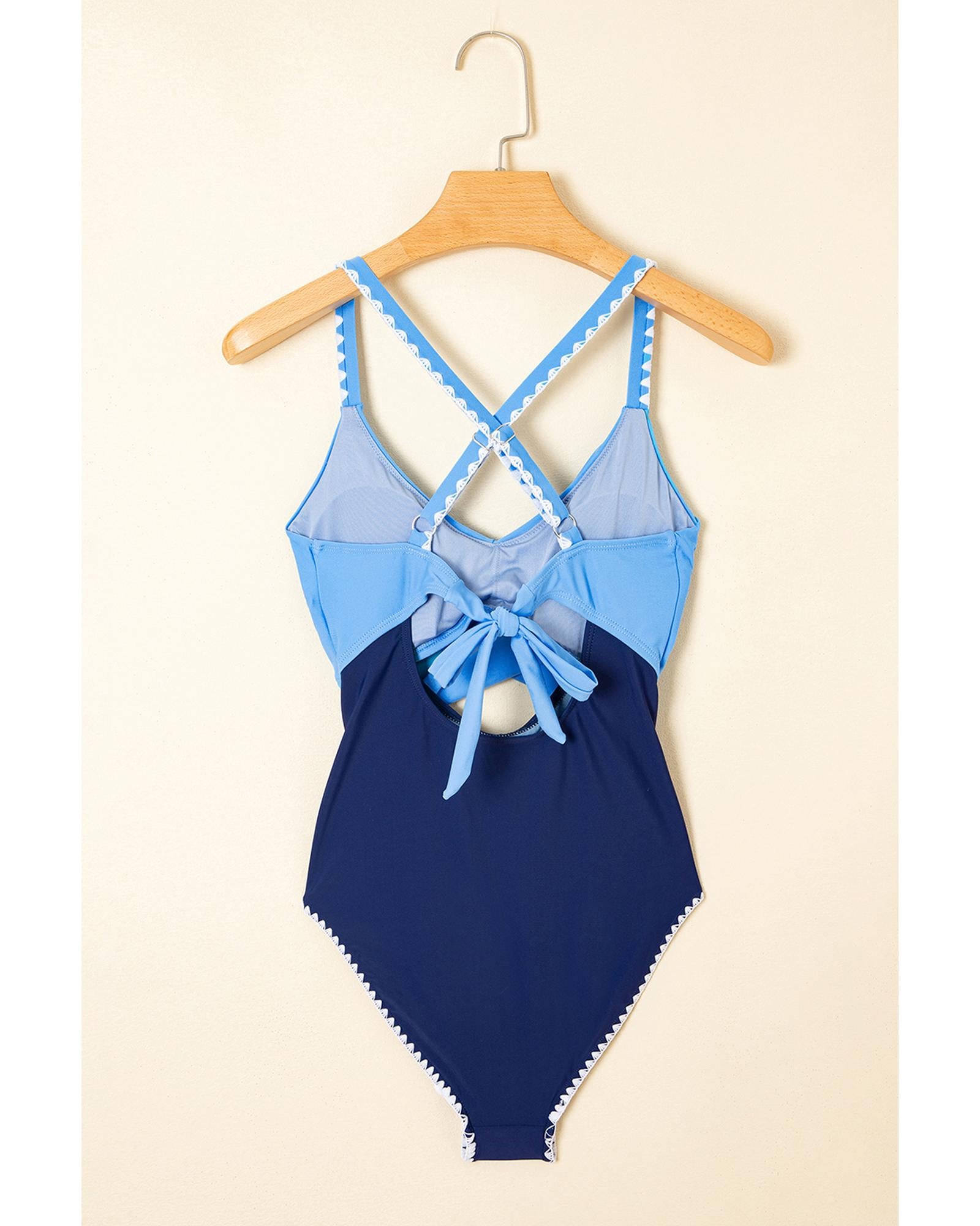 Beau Blue Ric Rac Trim Contrasted Patchwork Cutout One Piece Swimsuit - L 7
