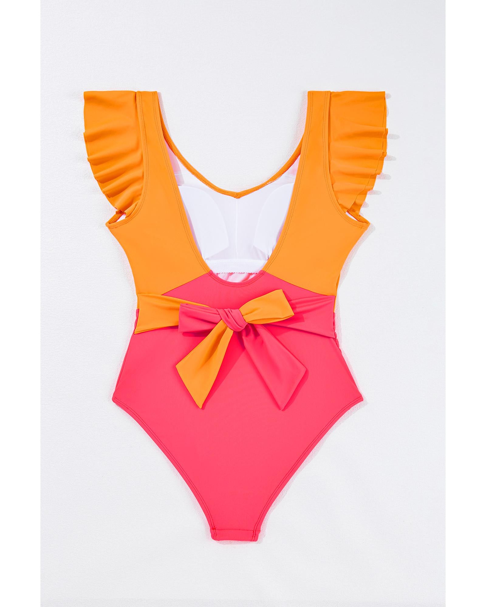 Vitality Orange Color Block Ruffled Knotted Backless One Piece Swimsuit - S 8