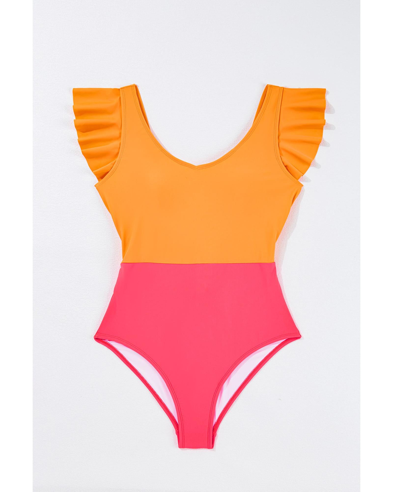 Vitality Orange Color Block Ruffled Knotted Backless One Piece Swimsuit - XL 5
