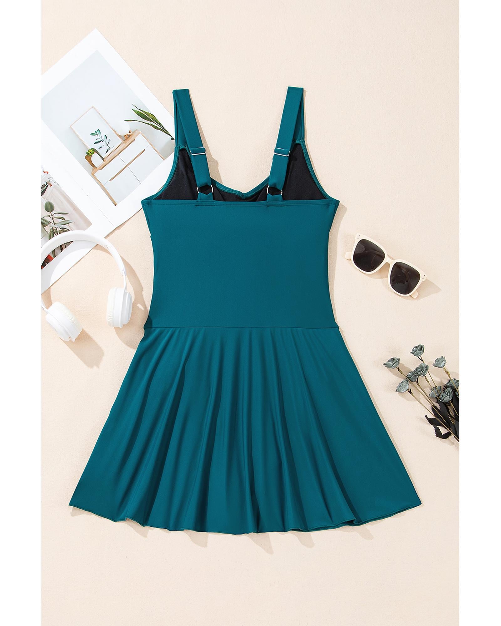 Sea Green Adjustable Straps Cutout Ruched Knot Slit One Piece Swim Dress - L 4