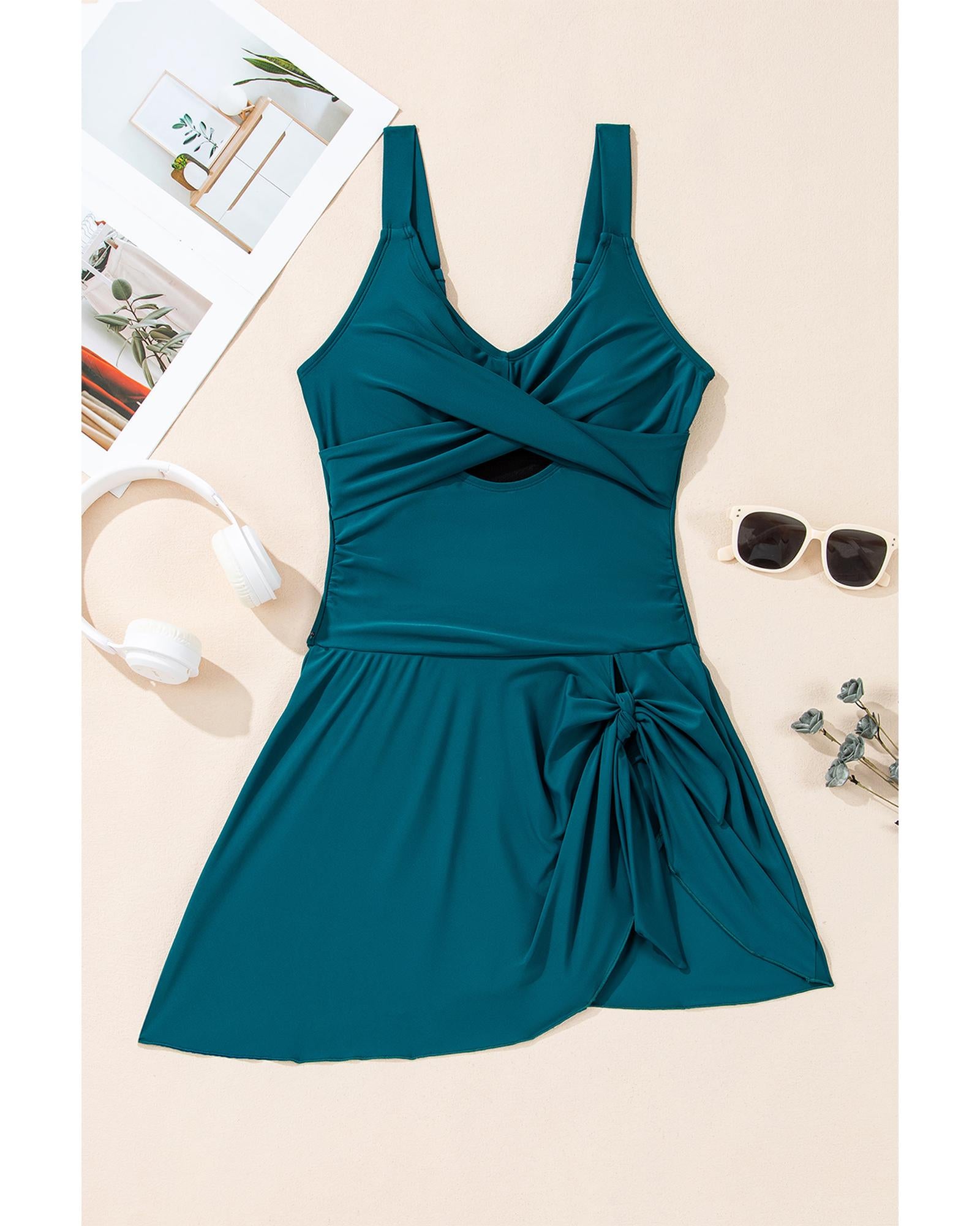 Sea Green Adjustable Straps Cutout Ruched Knot Slit One Piece Swim Dress - XL