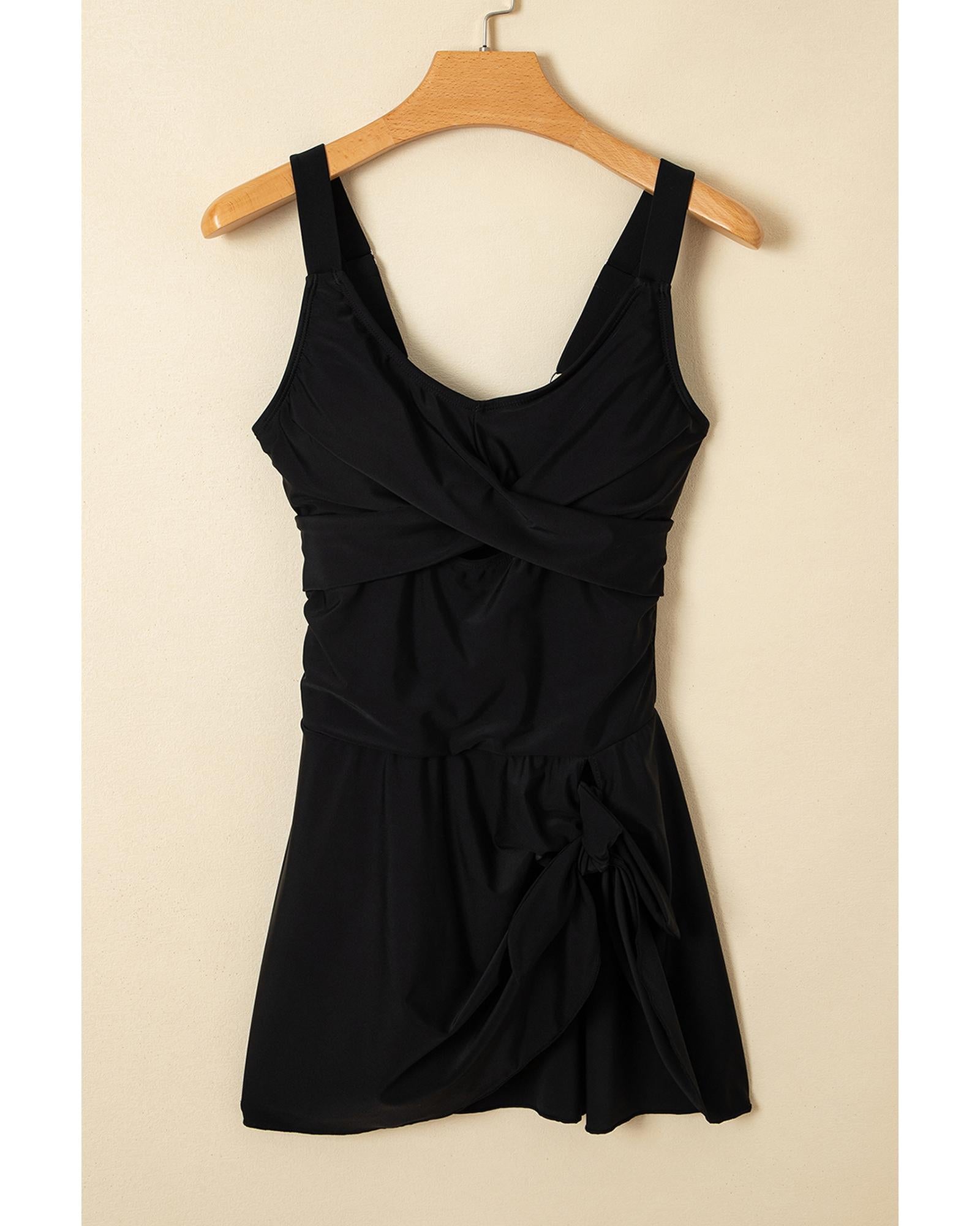 Black Adjustable Straps Cutout Ruched Knot Slit One Piece Swim Dress - M 3