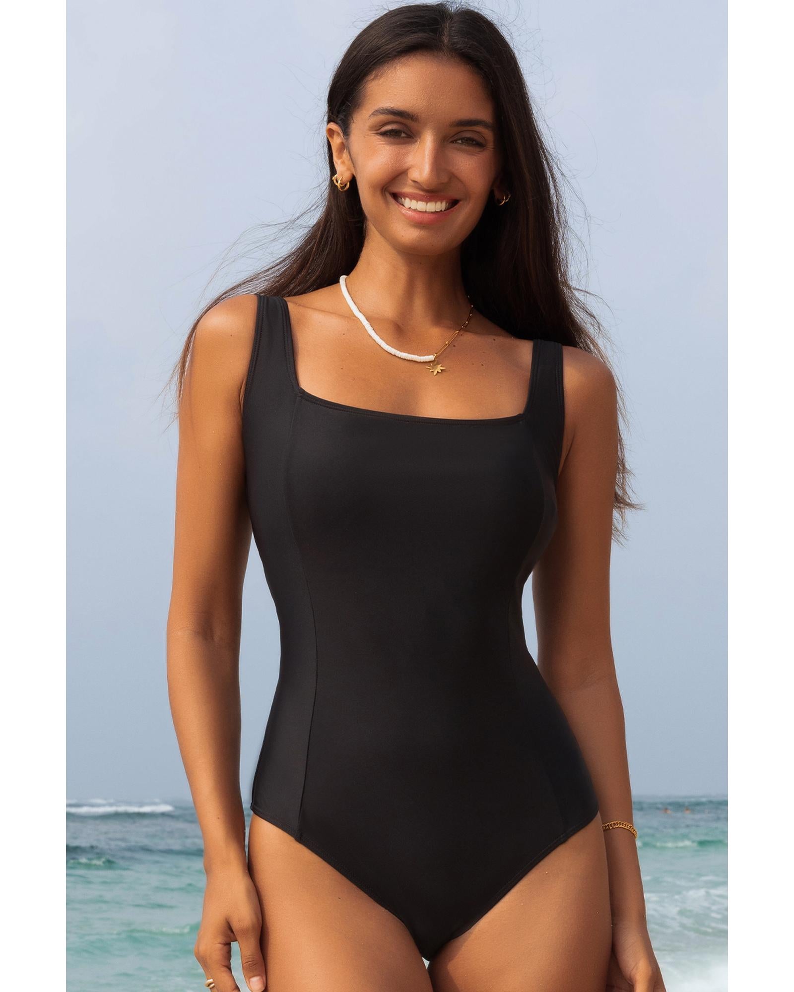 Black Solid Criss Cross Backless Square Neck One Piece Swimsuit - XL 5
