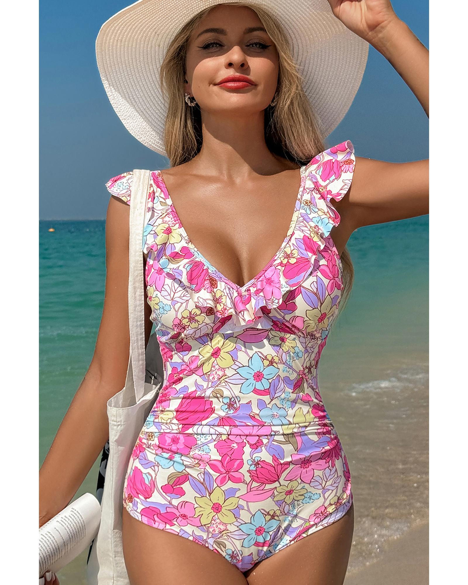Pink Floral Ruffle Trim V Neck Lace-up Back Tummy Control One Piece Swimsuit - L 3