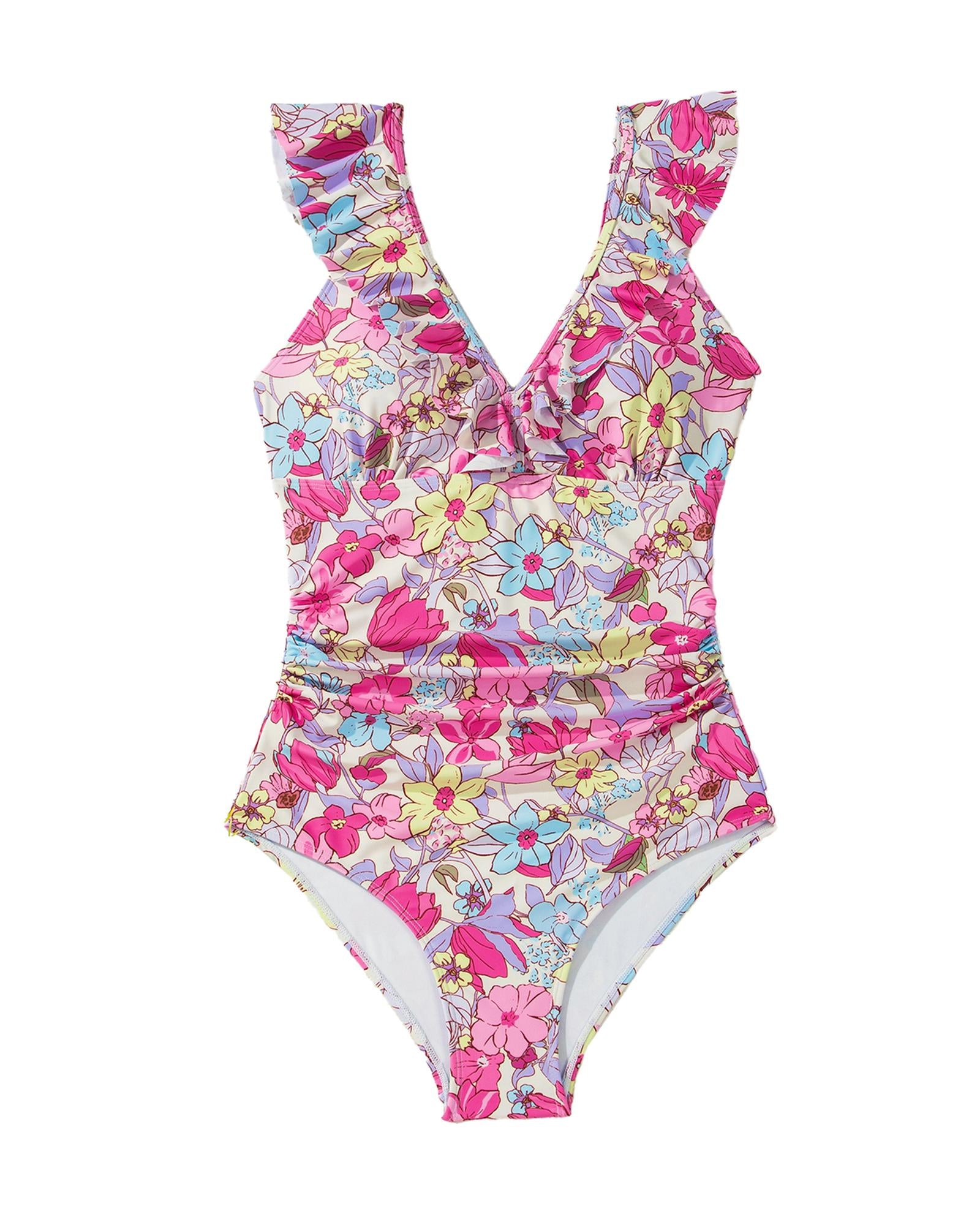 Pink Floral Ruffle Trim V Neck Lace-up Back Tummy Control One Piece Swimsuit - L 6
