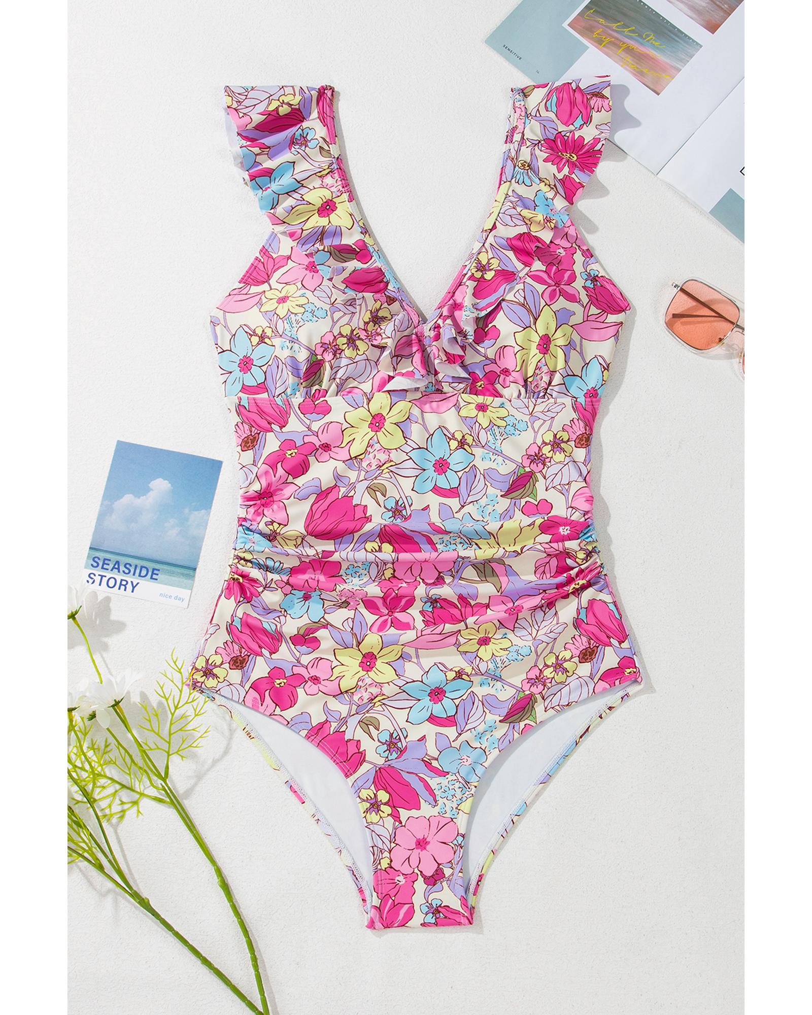 Pink Floral Ruffle Trim V Neck Lace-up Back Tummy Control One Piece Swimsuit - XL