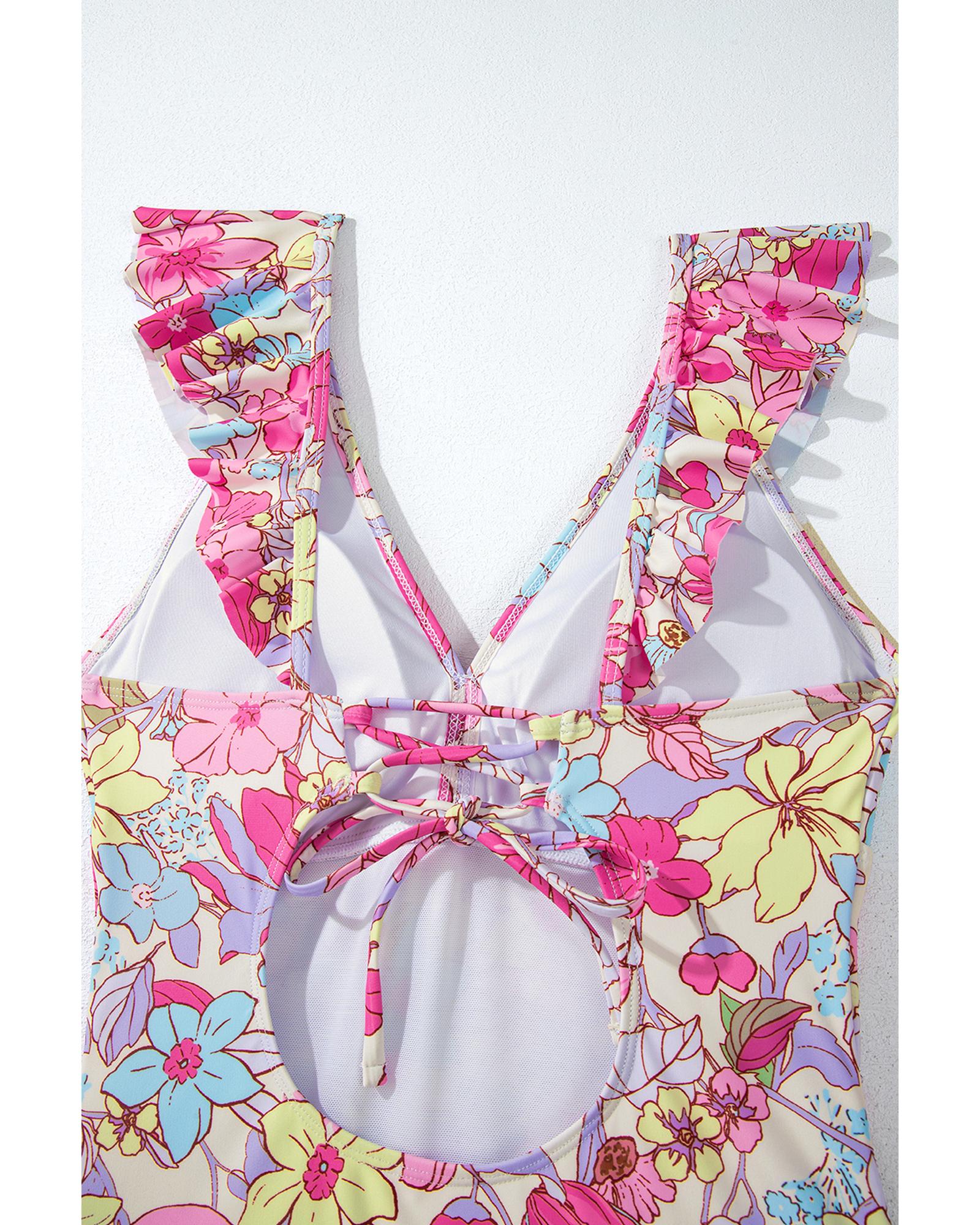 Pink Floral Ruffle Trim V Neck Lace-up Back Tummy Control One Piece Swimsuit - XL 3
