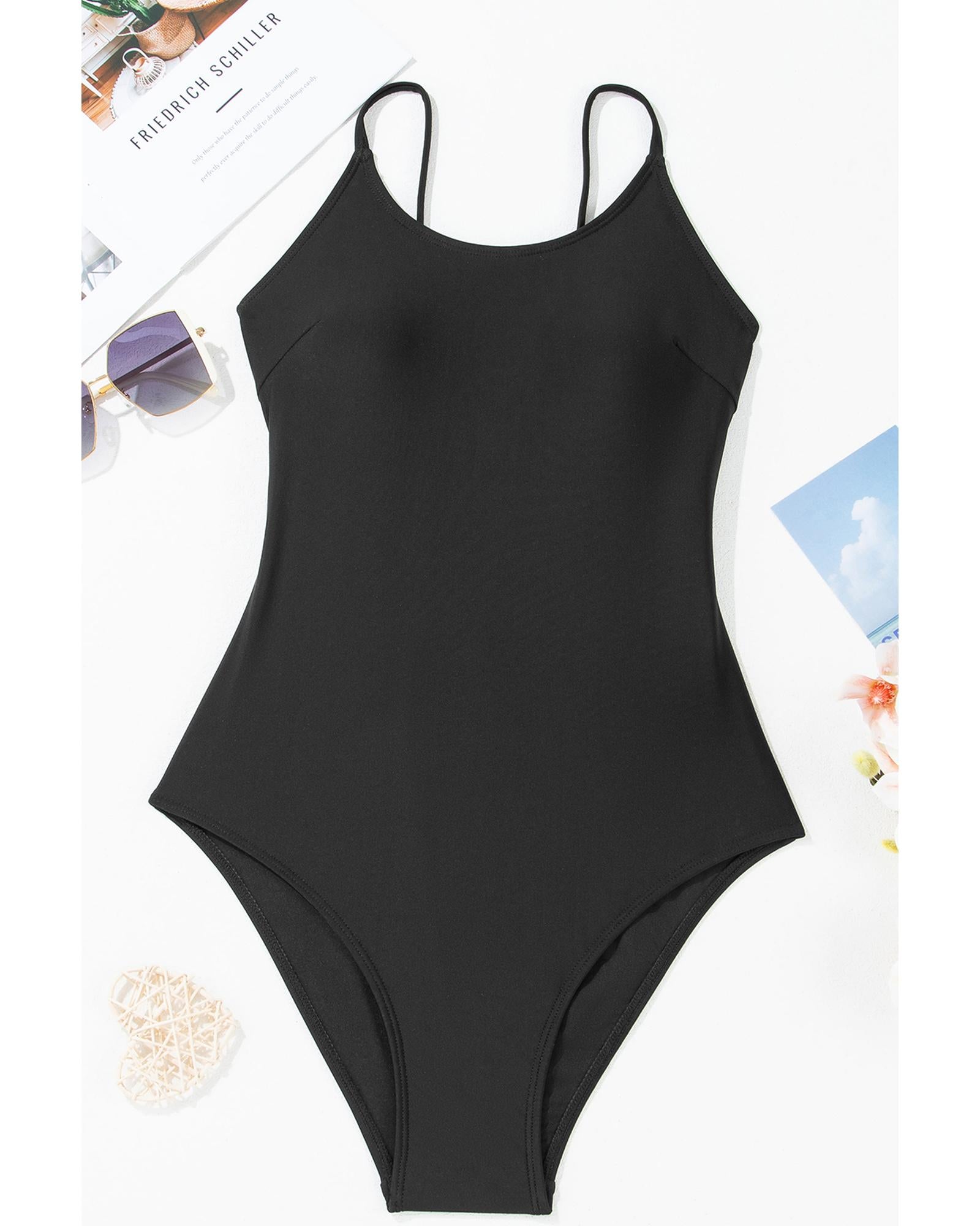 Black Thin Strap Strappy Lace-up Open Back One Piece Swimsuit - M 7