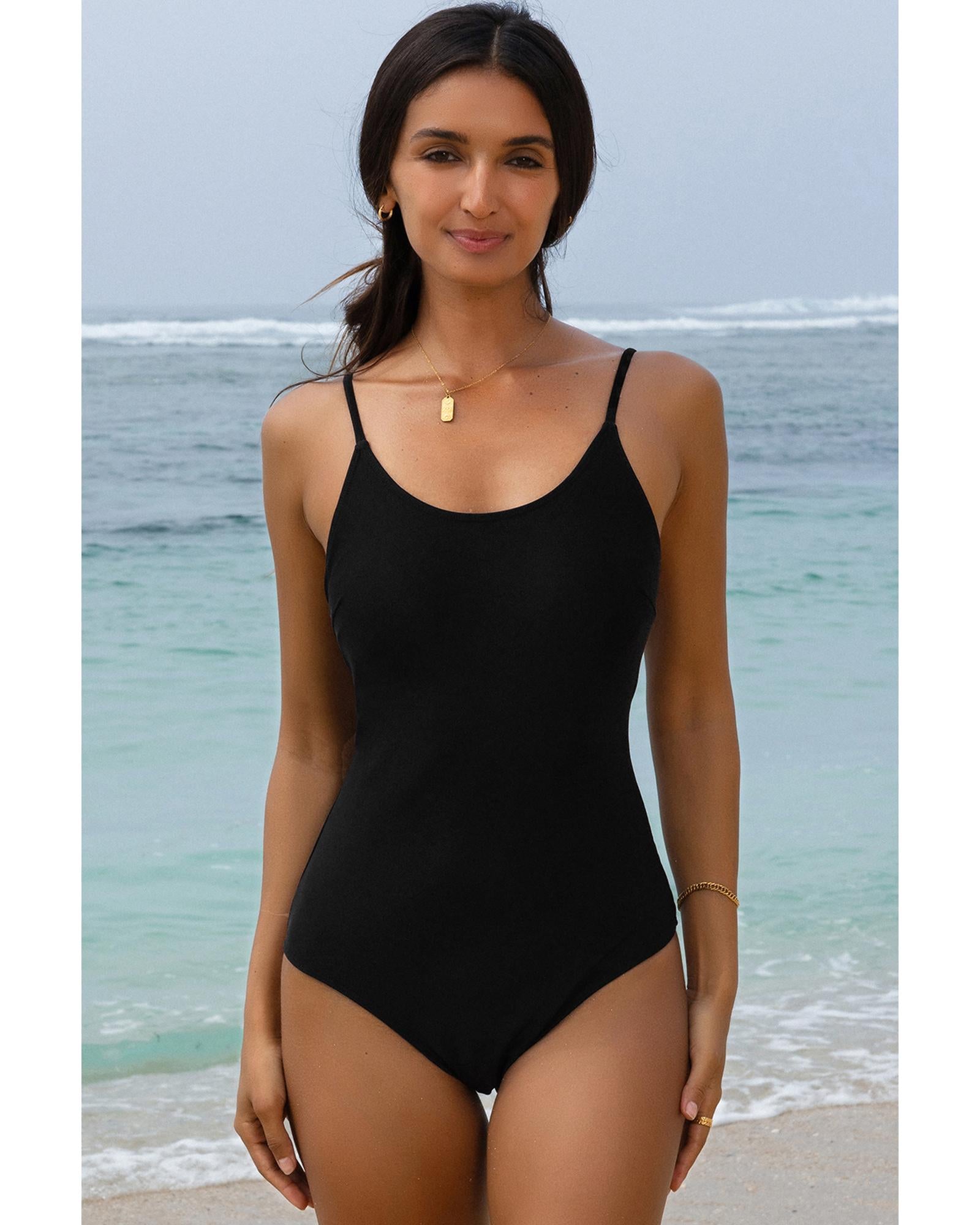 Black Thin Strap Strappy Lace-up Open Back One Piece Swimsuit - S