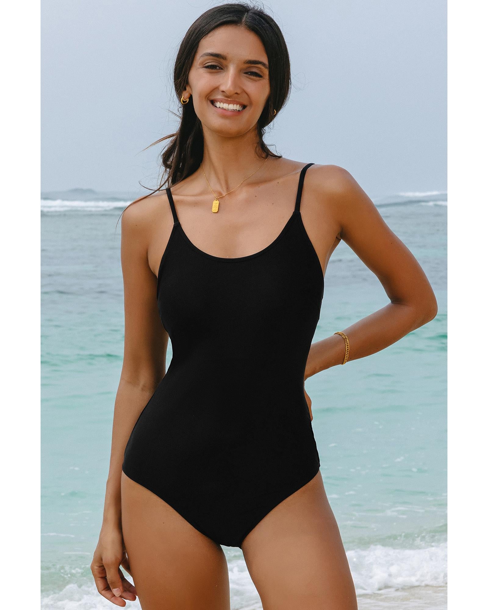 Black Thin Strap Strappy Lace-up Open Back One Piece Swimsuit - S 4