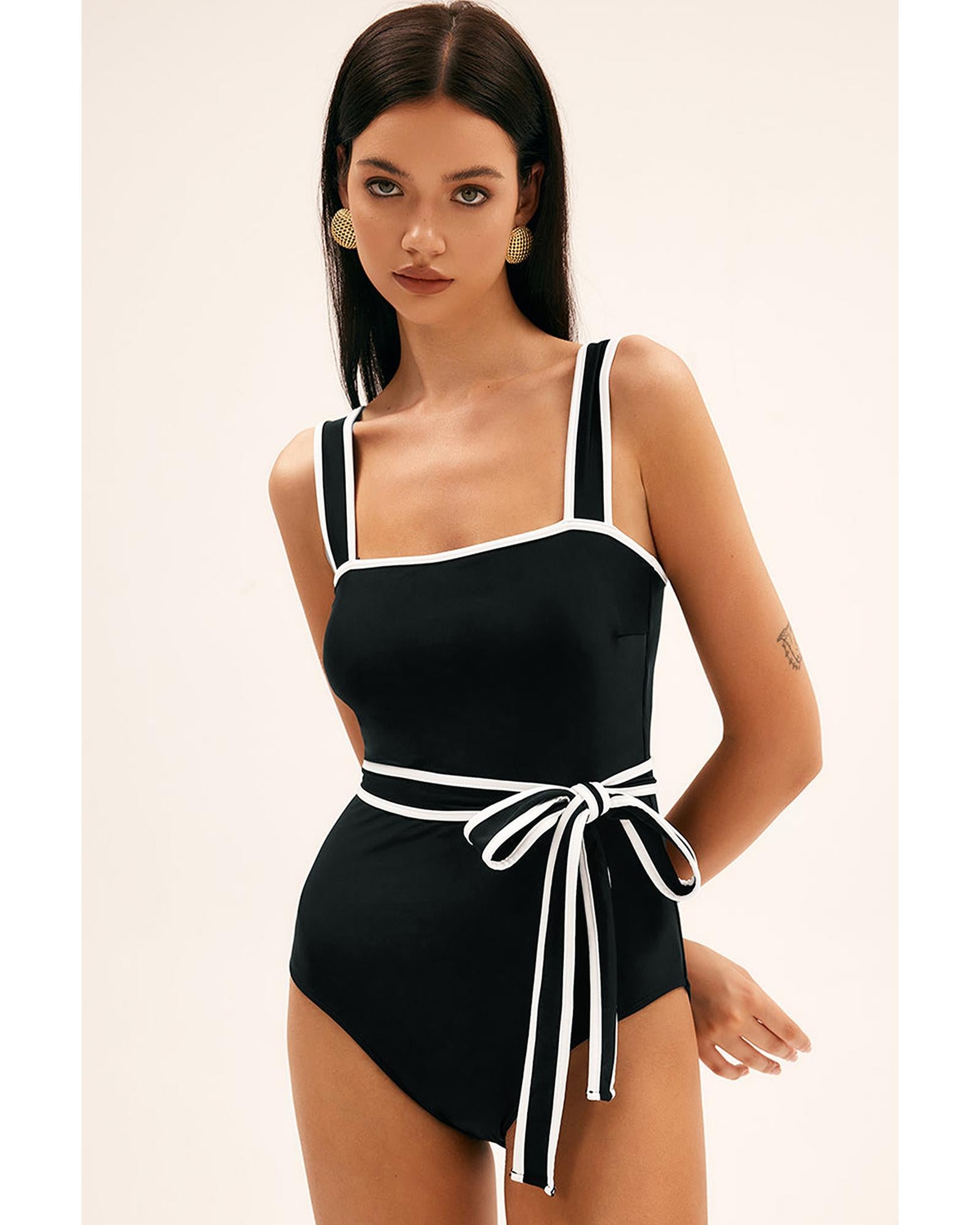 Black Colorblock Edge Belted One Piece Swimsuit - L 3