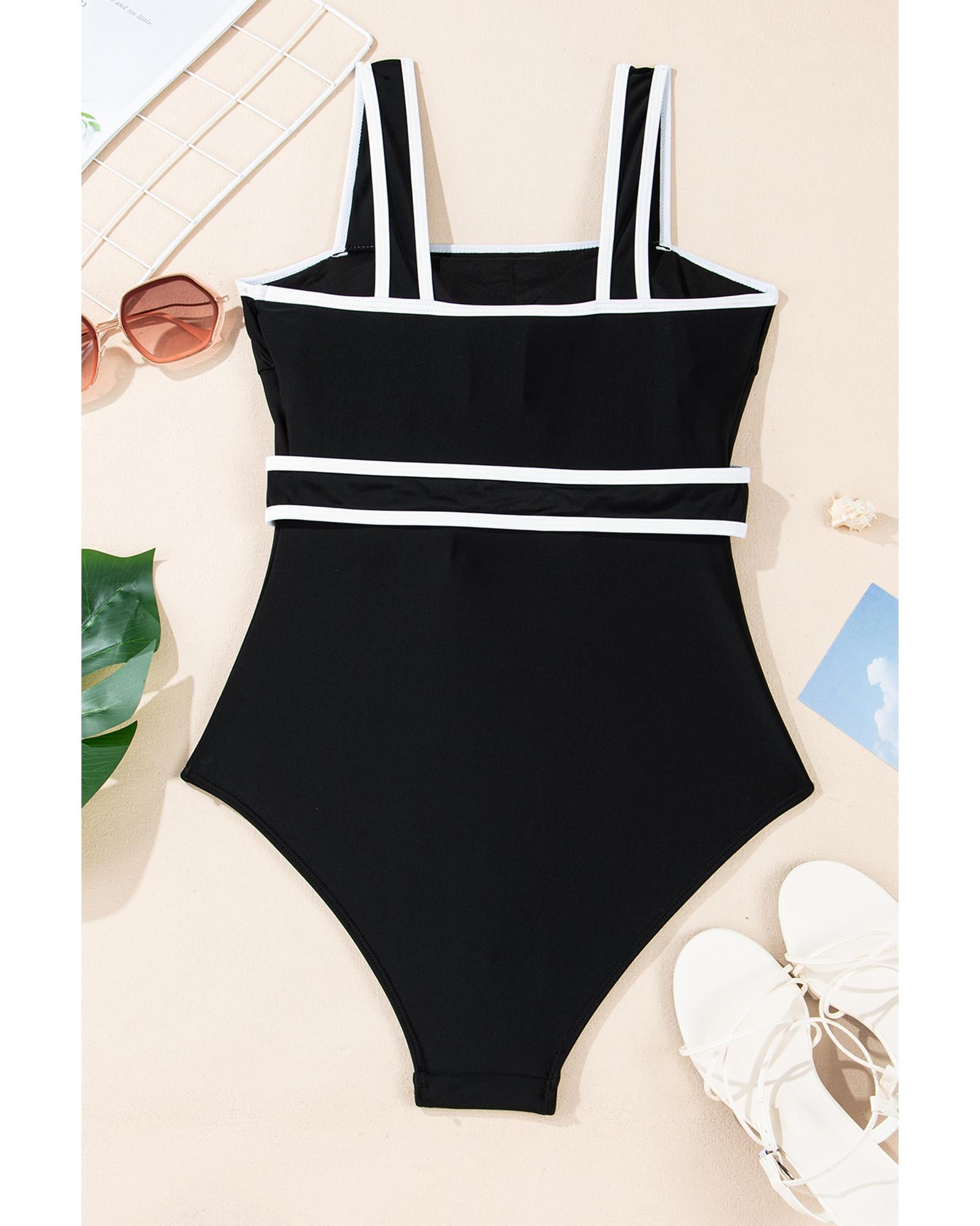 Black Colorblock Edge Belted One Piece Swimsuit - S 7